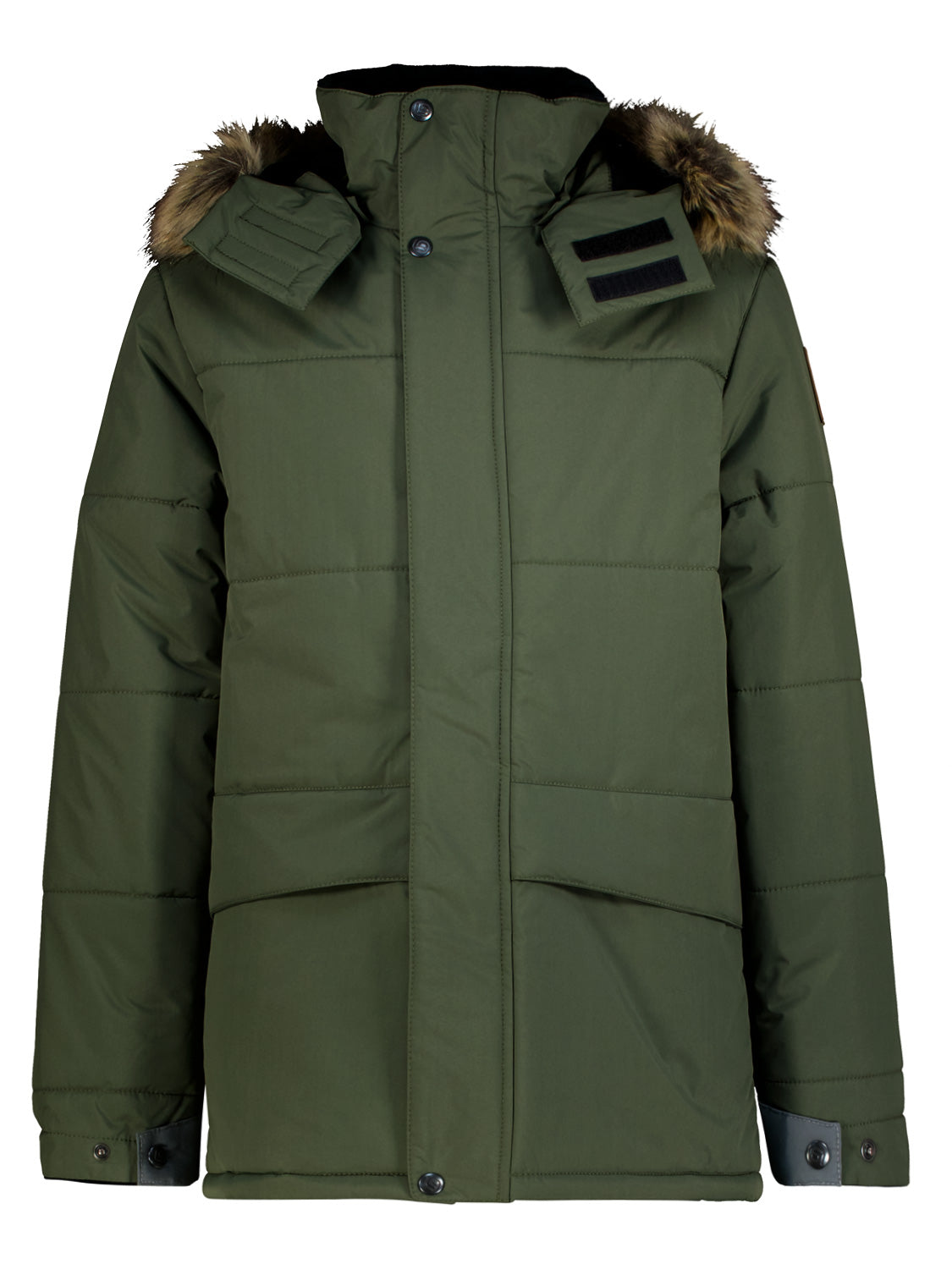 Winterjacke Scott Olivgrün: Olivgrüne, wattierte Parka mit abnehmbarer Kapuze, Fellbesatz, hoher Kragen, großen Fronttaschen und Druckknopfmanschetten. Perfekt für stilvolle Wärme im Winter.