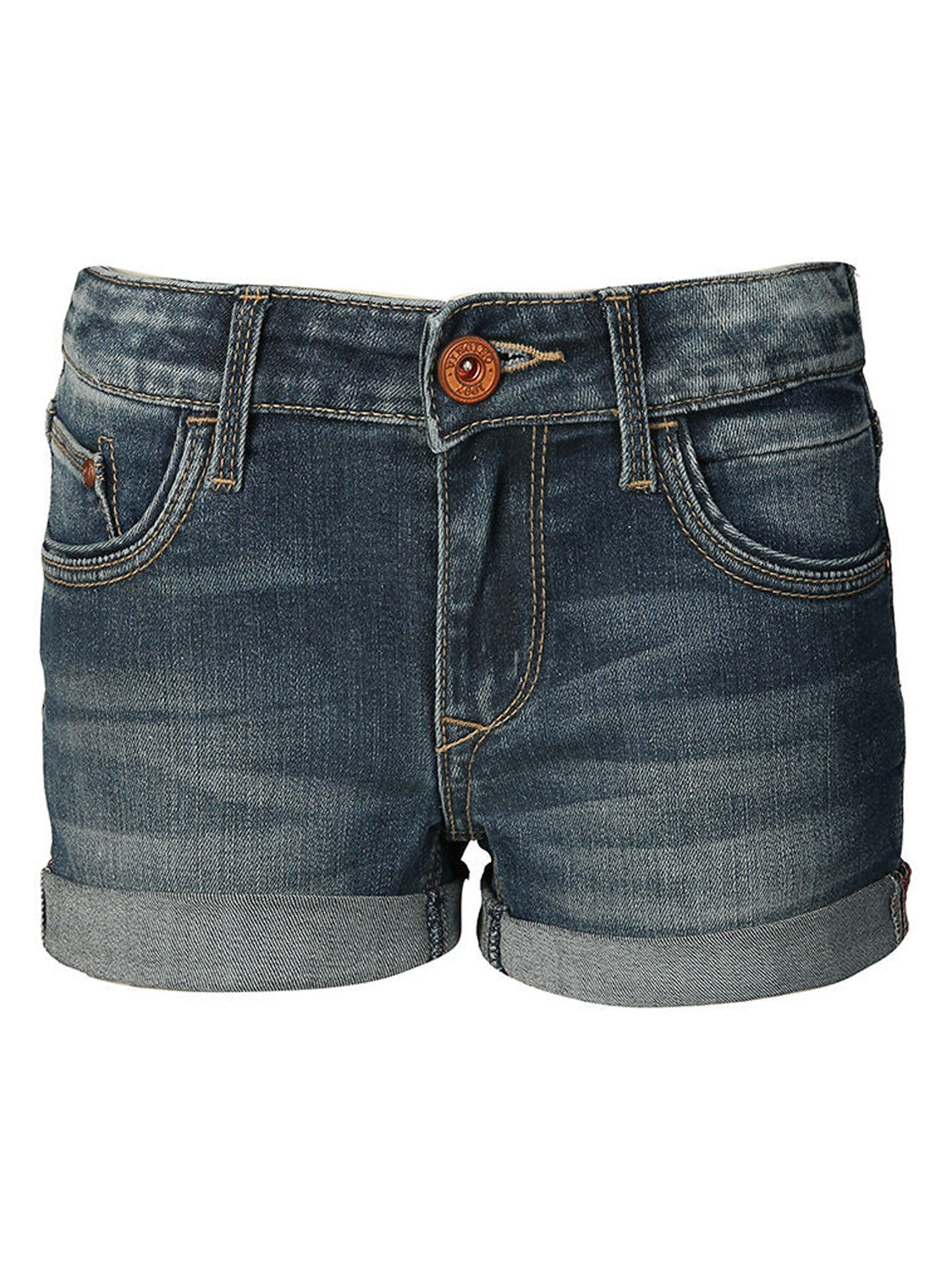 Jeans-Shorts DAMARA in dunklem Used-Look mit umgeschlagenem Saum, fünf Taschen, Gürtelschlaufen und Knopf-Reißverschluss, ideal für modische Styles im 'bellybutton' Sortiment.