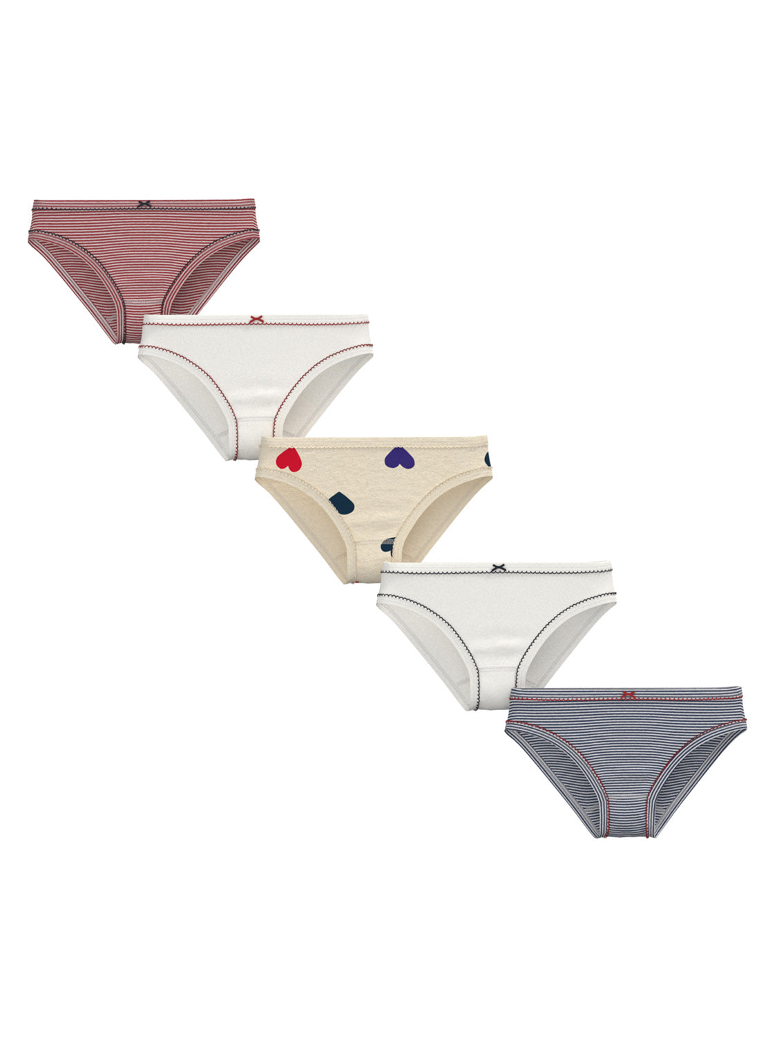 Slip CŒUR 5er-Set: Fünf Bikini-Slips in verschiedenen Designs mit Schleifendetails, ideal für stilvolle und bequeme Unterwäscheoptionen aus dem bellybutton-Sortiment.