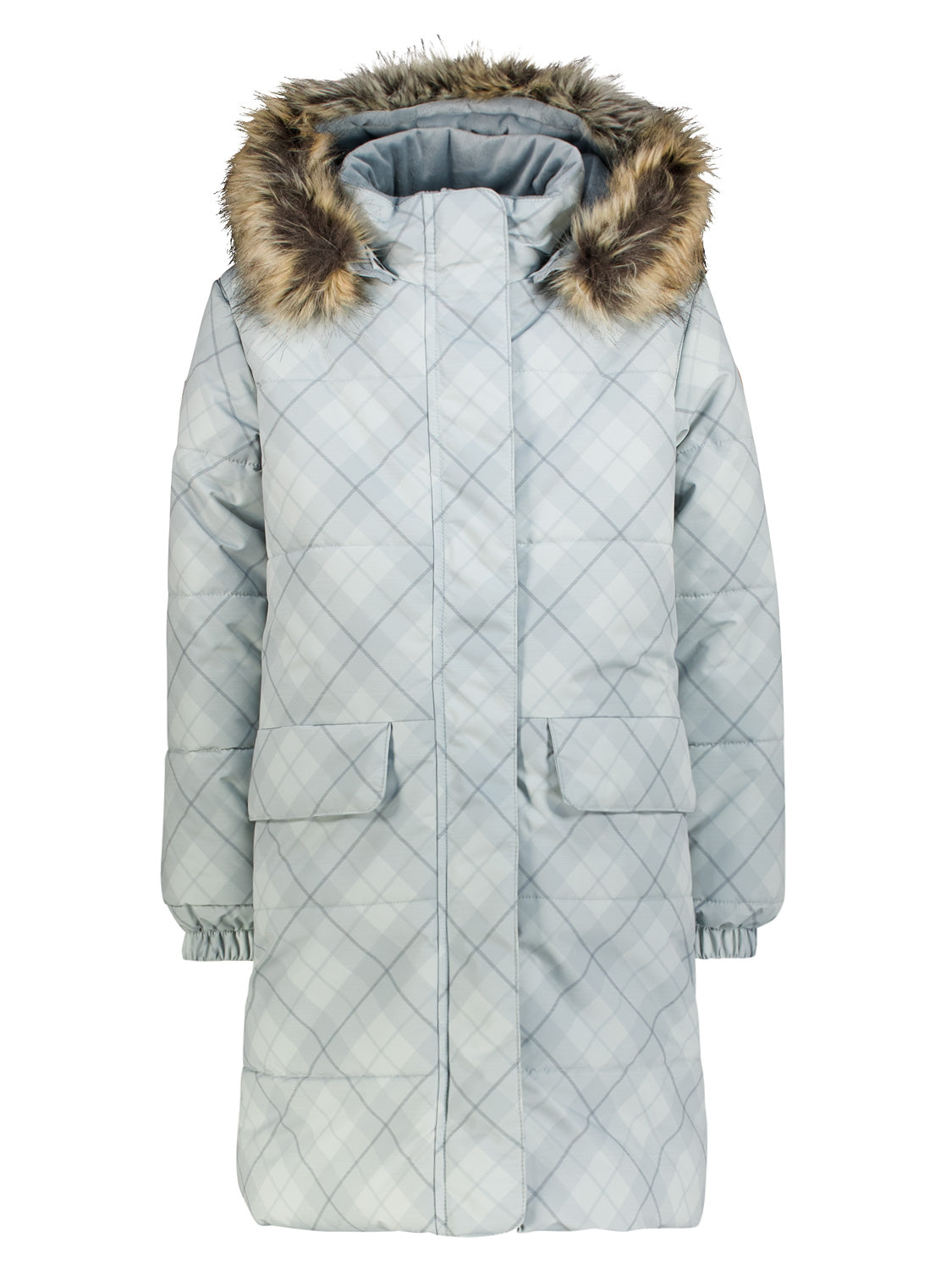 Wintermantel Lenna Grau: Langer, gepolsterter Parka mit Kapuze und braunem Kunstfell, diamantgestepptem Muster, Frontverschluss, zwei Taschen und elastischen Bündchen. Perfekt für kalte Tage.