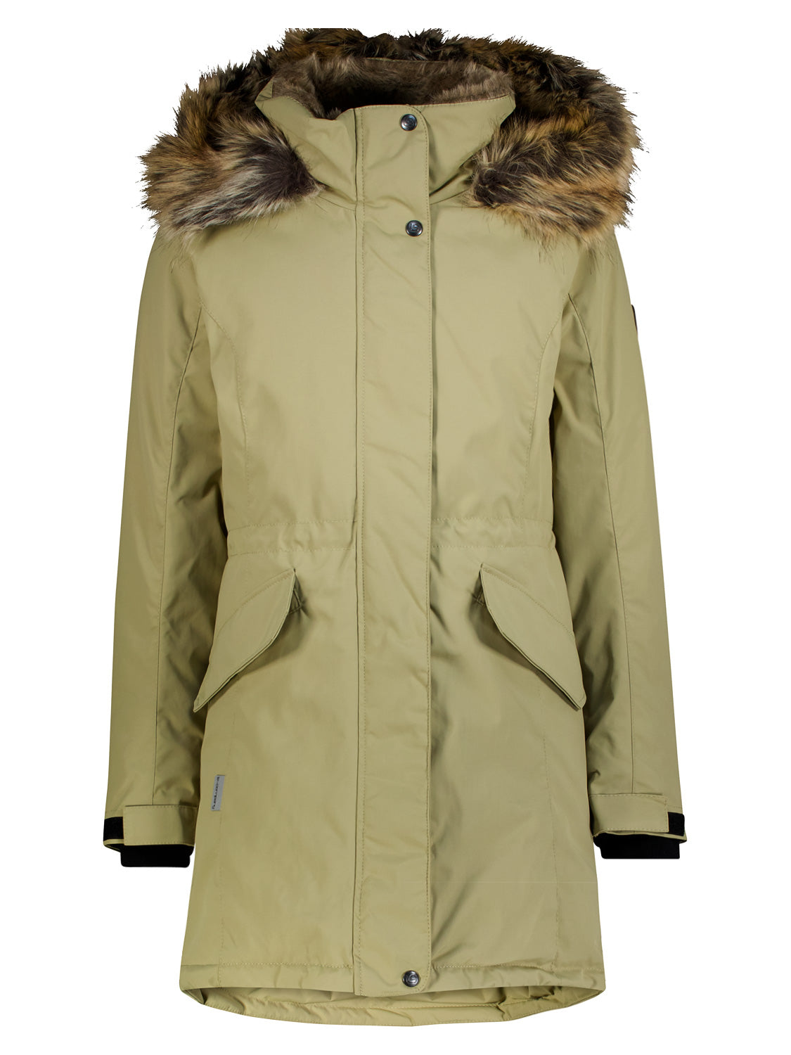 Winterjacke Elita Olivgrün mit Kunstfellkapuze, verdecktem Reißverschluss, Druckknopfverschluss, zwei großen Klappentaschen und verstellbaren Ärmelbündchen, ideal für kalte, schneereiche Bedingungen.