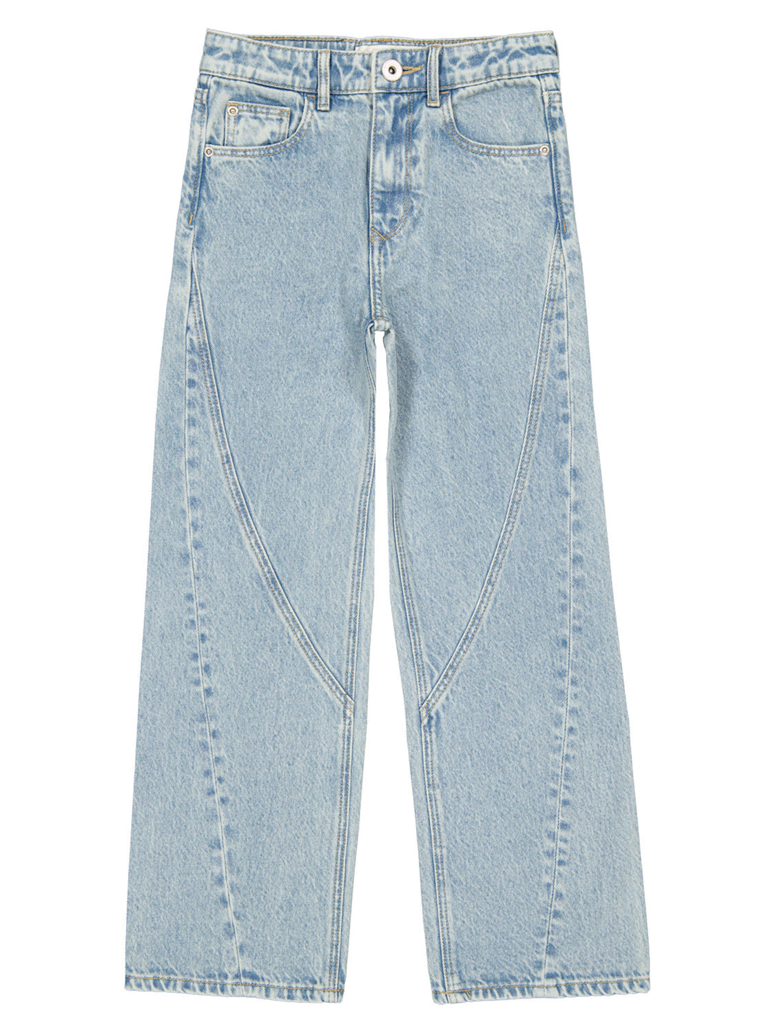 Jeans-Hose CATO STRAIGHT LEG in light indigo mit hohem Bund, Knopf und Reißverschluss, fünf Taschen und charakteristischen geschwungenen Nähten für einen modischen, geraden bis leicht weiten Schnitt.