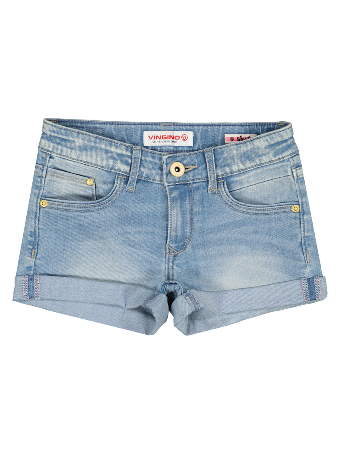 Jeans-Shorts DAMARA SUMMER in light indigo mit klassischem Fünf-Taschen-Design, Bundschlaufen, Knopf-Reißverschluss und umgeschlagenen Säumen, ideal für modische Kinder im Sommer.