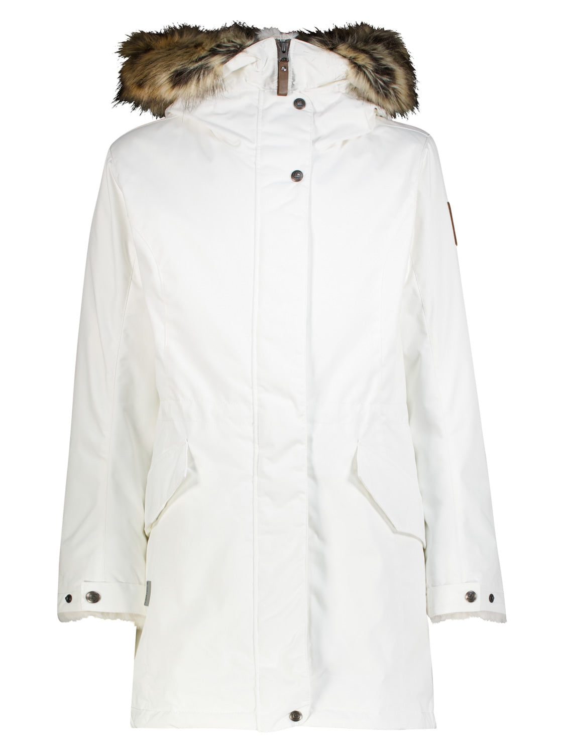 Winterjacke Brina Weiß: Lange, isolierte Parka mit Fellkapuze, Frontverschluss, zwei Klapptaschen und verstellbaren Manschetten. Perfekt für kalte Tage und stilvolle Wärme.