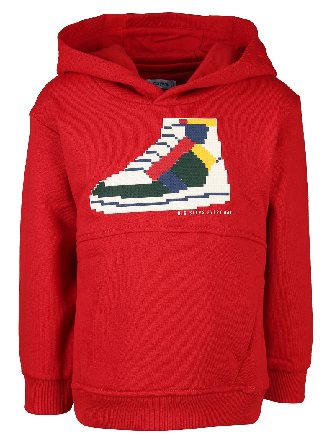Kapuzen-Sweatshirt SNEAKER in rot zeigt einen pixelartigen High-Top-Sneaker mit dem Slogan BIG STEPS EVERY DAY auf der Brust. Ideal für stilbewusste Kinder.