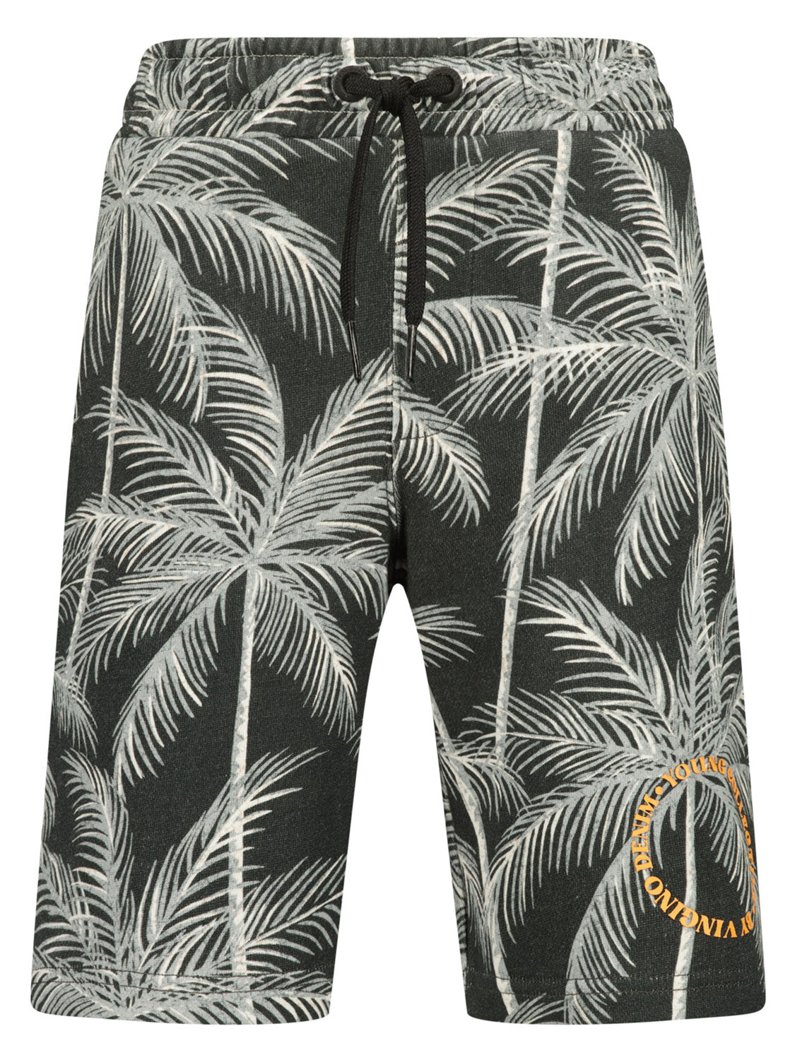 Sweat-Bermudas RASCO in dunkel, mit Palmenmuster und schwarzem Kordelzug, zeigen eine orange Grafik am Saum, ideal für entspannten, stilvollen Freizeitlook bei bellybutton.
