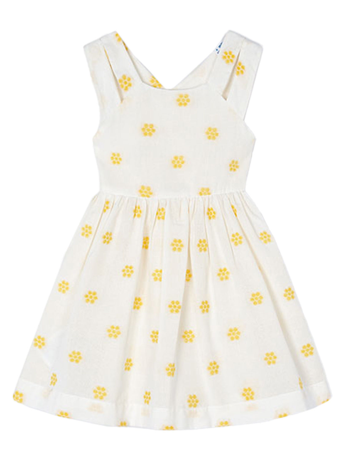 Kleid JAQUARD FLOWERS in creme creme mit stilisierten gelben Blumenmuster, ärmellos, mit breiten Trägern, tailliertem Oberteil und ausgestelltem Rock aus leichtem Stoff.