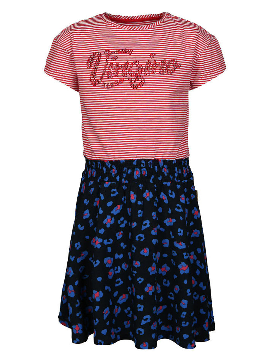 Mädchenkleid PENDIA: Kurzarm-Oberteil mit roten, weißen Streifen und Vingino-Pailletten, schwarzer Rock mit blauen, roten Leopardenflecken. Perfekt für stilvolle Kindermode bei bellybutton.