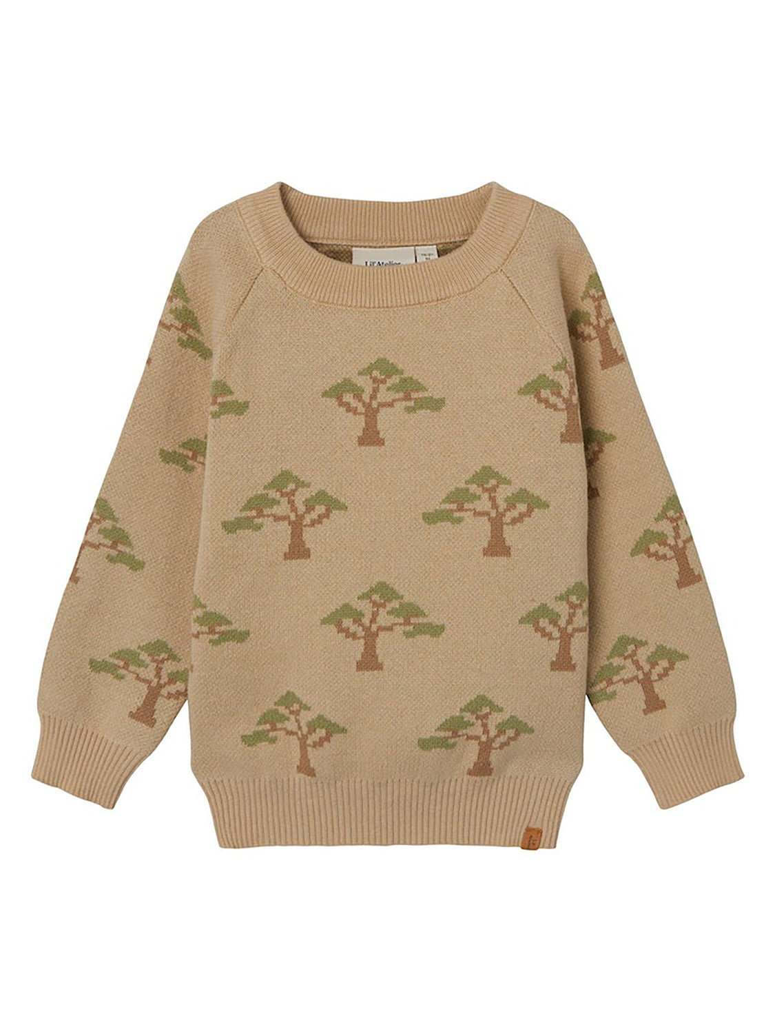 Pullover Beige: Kinderpullover mit langen Ärmeln, verziert mit stilisierten Baummotiven. Ausgestattet mit geripptem Rundhalsausschnitt, Bündchen und Saum, ideal für modische Babykleidung bei bellybutton.