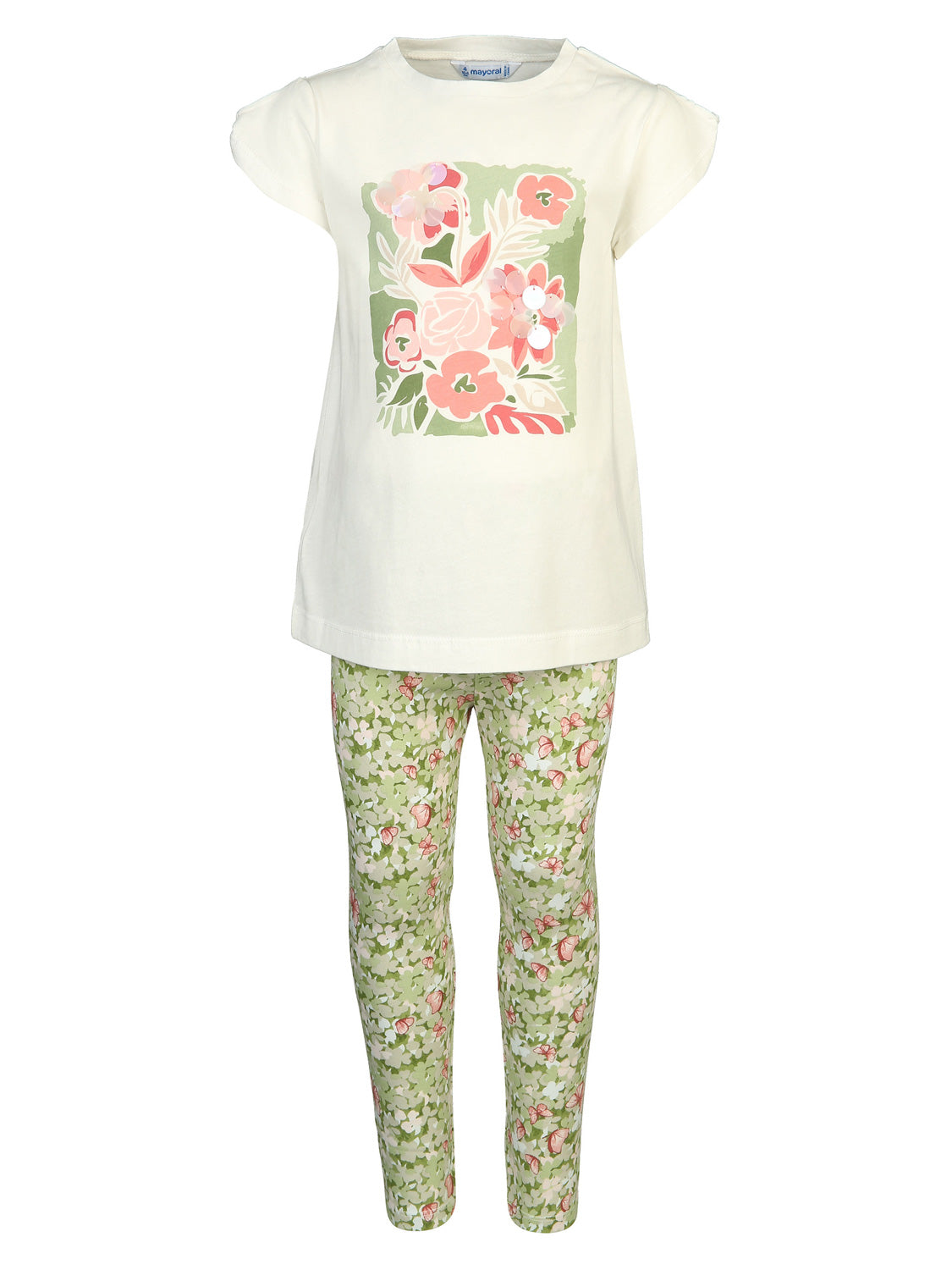Zweiteiliges Set Leggings WIESE in grün grün: Cremefarbenes T-Shirt mit floralem Grafikdruck, kombiniert mit geblümten Leggings, ideal für Kinder in stilvoller Babymode von bellybutton.