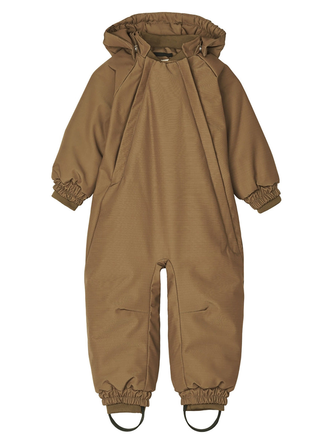 Schneeanzug LIN BABY in pecan pecan: Einteiliger, gefütterter Winteranzug für Kleinkinder mit Kapuze, elastischen Bündchen, verdecktem Reißverschluss und Fußstegen für sicheren Halt.