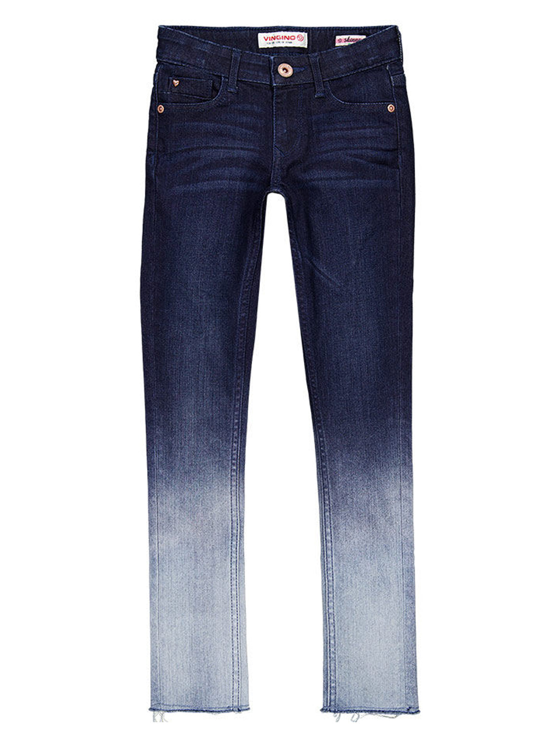 Jeanshose AMIA BLEACH Skinny Fit in deep dark denim mit fünf Taschen, dunkel indigo Waschung, die zu hellem Blau an den fransigen Säumen verblasst.