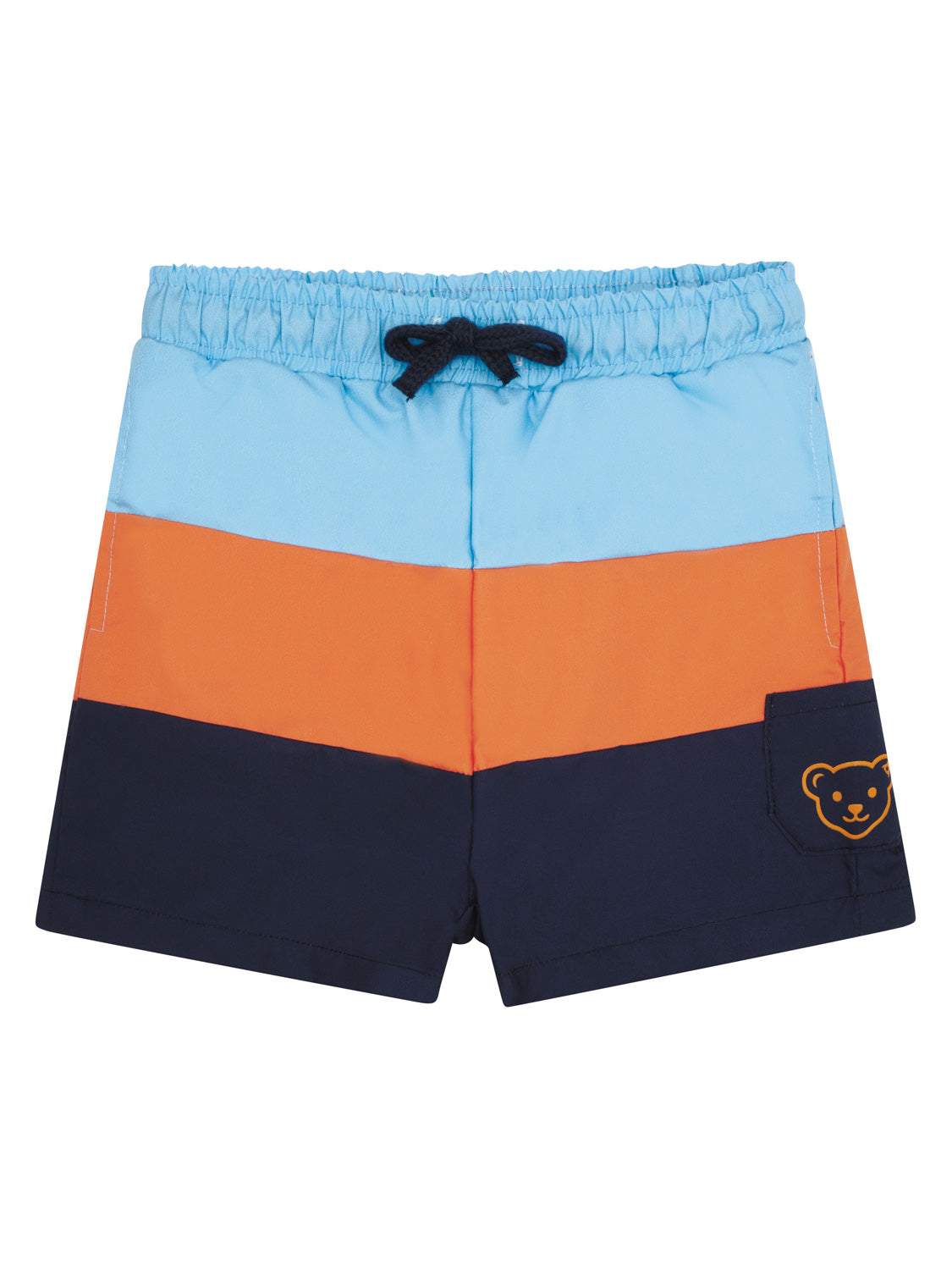 Badeshorts AURELIAN in alaskan blue: Kinder-Badeshorts mit elastischem Bund, dreifarbiger Blockstreifen in Hellblau, Orange, Marine, kleiner Bärengesicht-Grafik auf der Seitentasche.