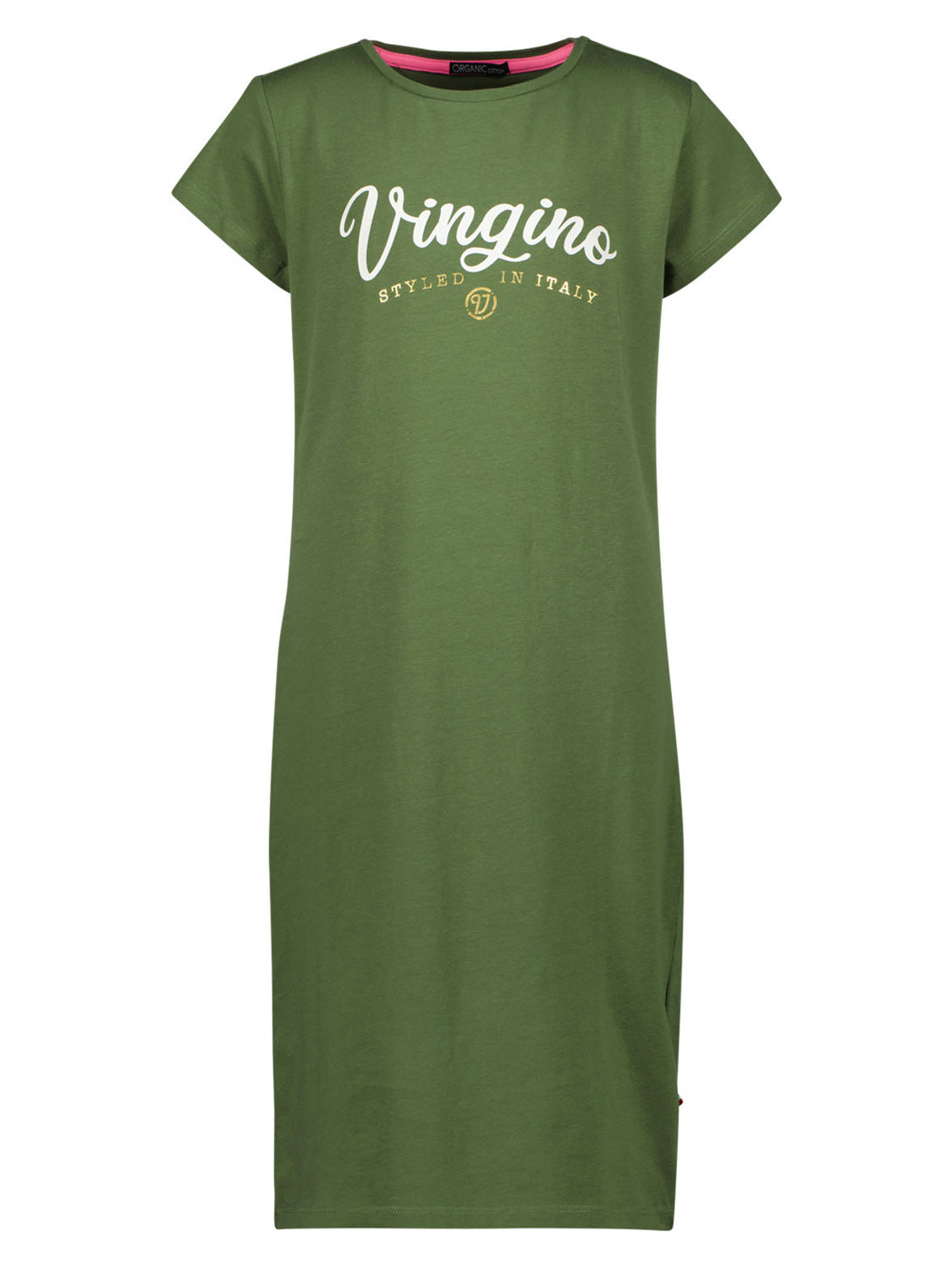 Jersey-Kleid BASIC LOGO in dunkel Armeegrün mit Vingino Schriftzug und Styled in Italy Tagline auf der Brust. Ideal für stilvolle Kinder- und Teenagermode bei bellybutton.