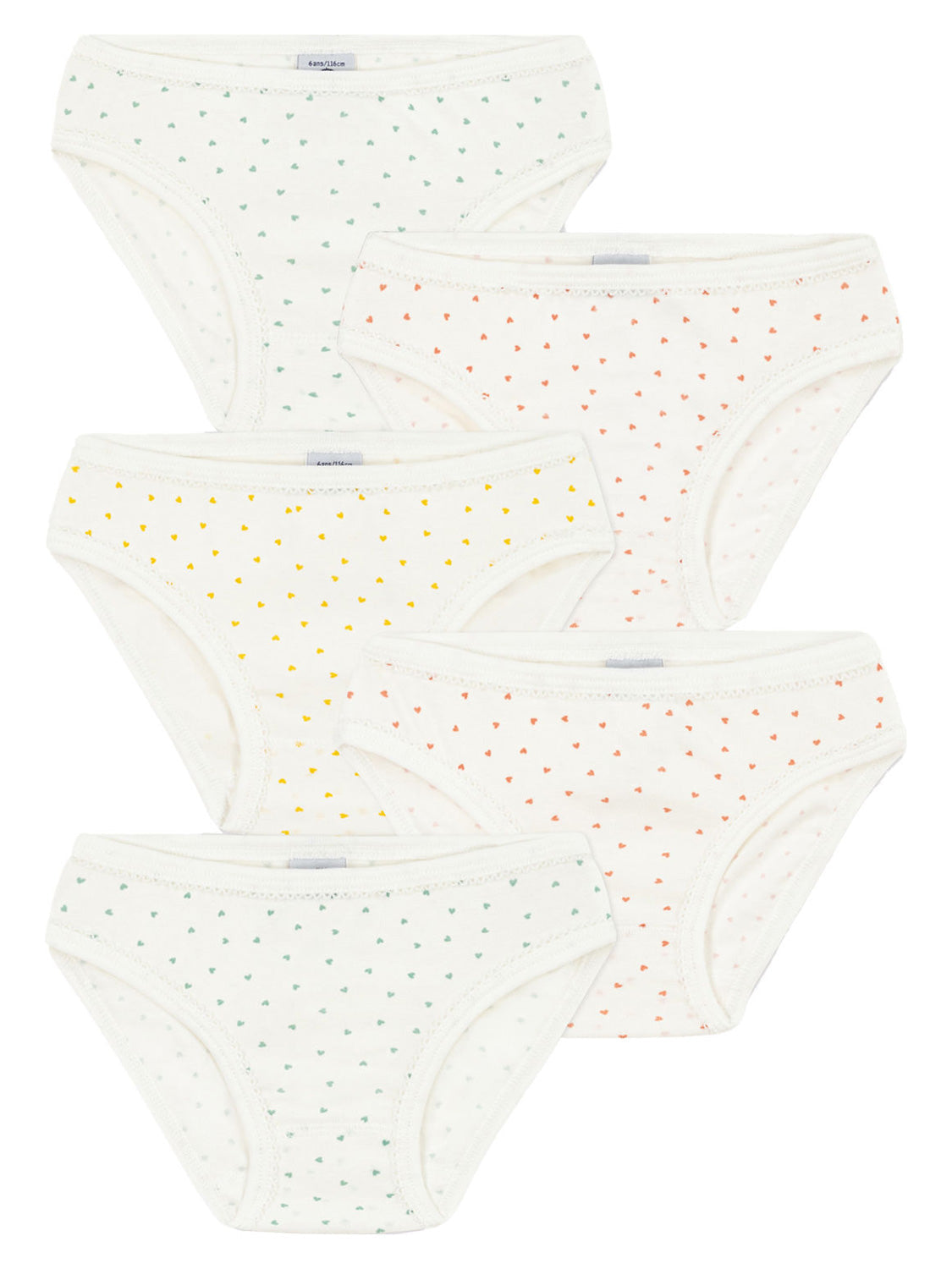 Hipster COEUR DE BEURRE 5er Pack in Marshmallow: Sechserpack Kinder-Baumwollslips mit bunten Herz-Motiven, Bikini-Schnitt, ideal für bequeme und stilvolle Kindermode.