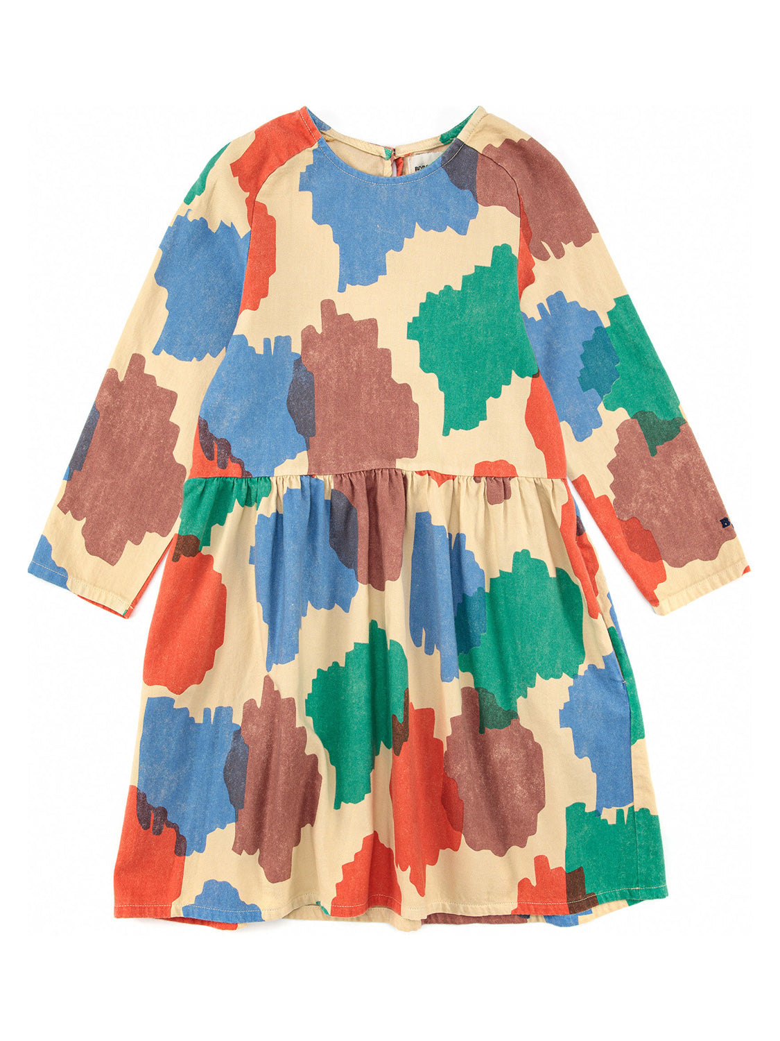 Langarm-Kleid SPOTS AOP in yellow yellow: Kinderkleid aus hellbeigem Stoff mit großen, unregelmäßigen Farbflecken in Blau, Grün, Rot und Braun. Ideal für stilvolle Kindermode von bellybutton.