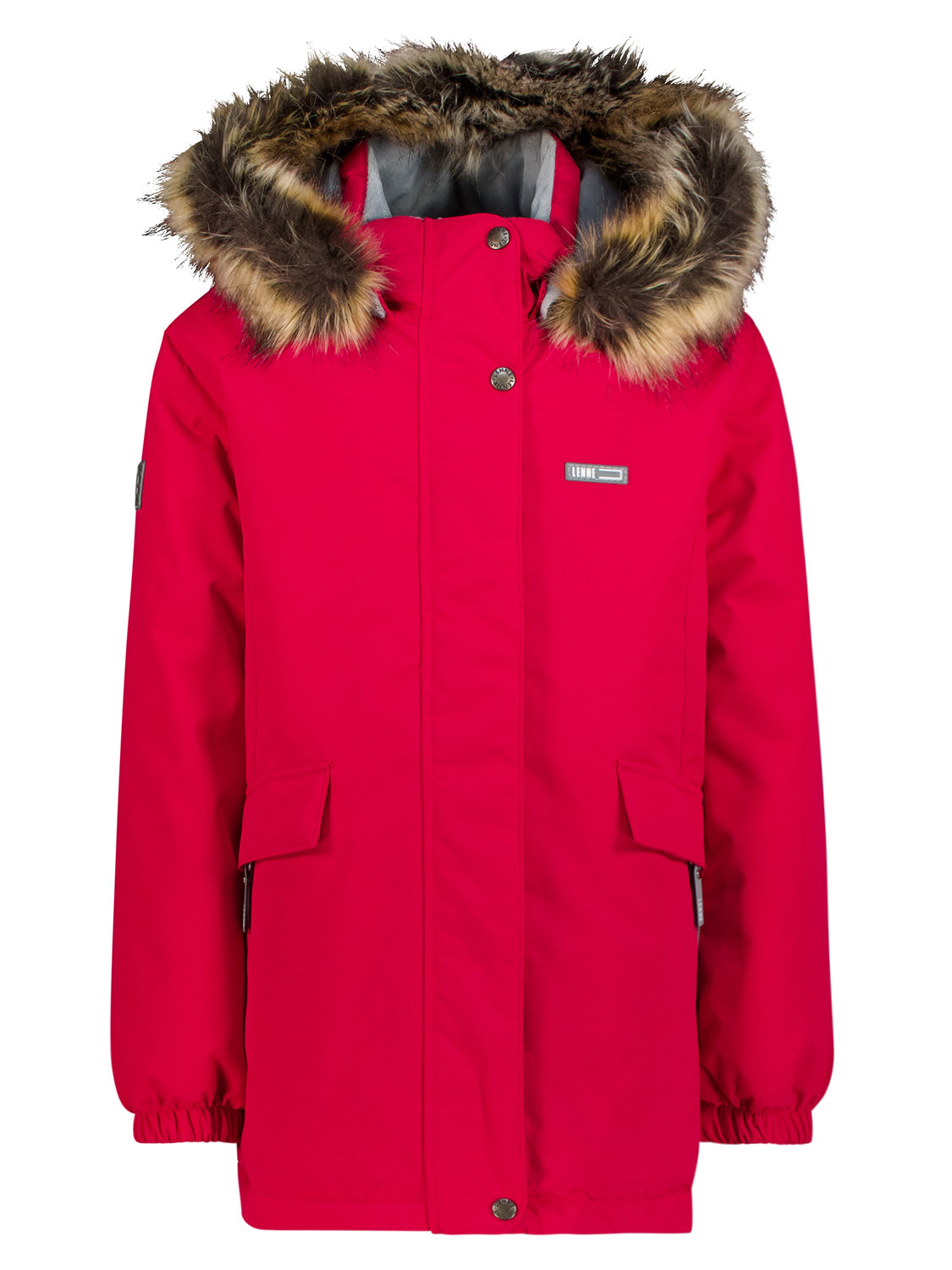 Winterjacke Mila Pink: Isolierte Winterjacke mit abnehmbarer Kapuze und Kunstfellbesatz, Frontreißverschluss, Druckknopf-Sturmklappe, zwei Fronttaschen, elastische Bündchen, Logo-Patch auf der Brust.