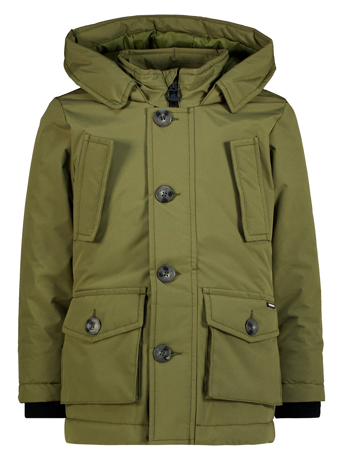 Winterjacke Olivgrün: Olivegrüne, wattierte Parka-Jacke mit Kapuze, hohem Kragen, Knopfverschluss, zwei Brust- und zwei Hüfttaschen, ideal für kaltes Wetter geeignet.
