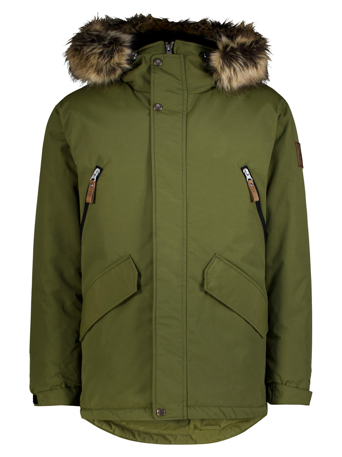 Winterjacke Willem Olivgrün mit Fellkapuze, verdecktem Reißverschluss, Brusttaschen, schrägen Klappentaschen und verstellbaren Ärmelabschlüssen, ideal für kalte Wintertage.