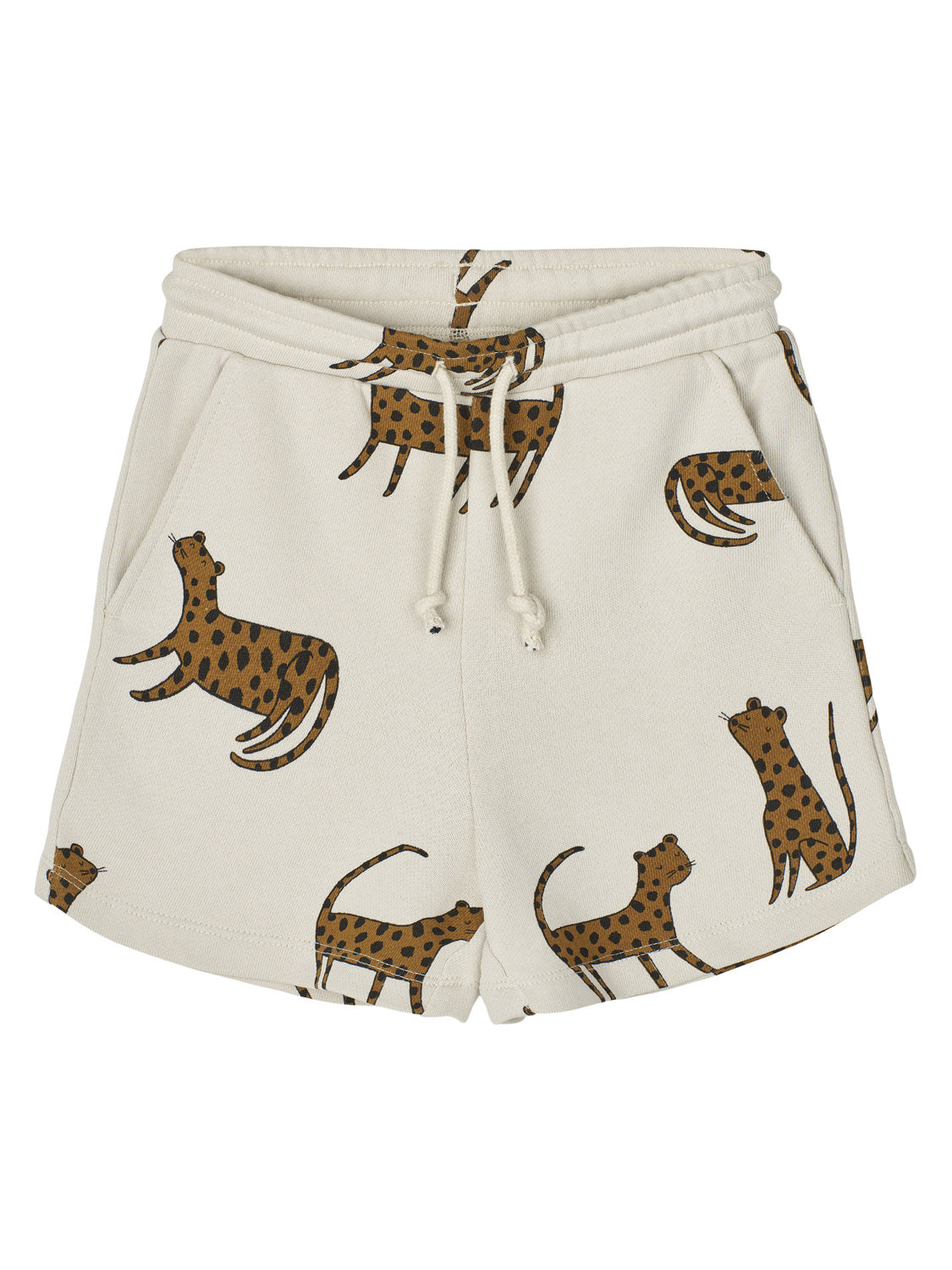 Sweatshorts GRAM LEOPARD in sandy sandy mit stilisierten Leoparden- und Gepardenmuster, elastischem Bund, Kordelzug und Seitentaschen. Ideal für lässigen Komfort aus der bellybutton-Kollektion.