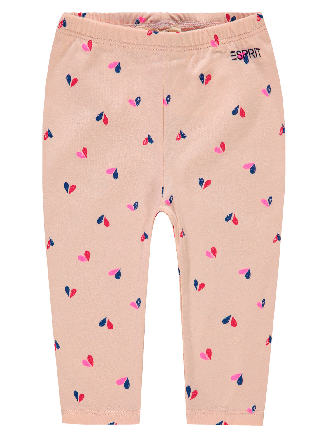 Leggings Apricot aus feinem Cotton-Jersey, in hellem Pink-Apricot mit navy-, pink- und rotfarbenen Herzmotiven, elastischer Bund, Marke ESPRIT, geeignet für Kleinkinder.