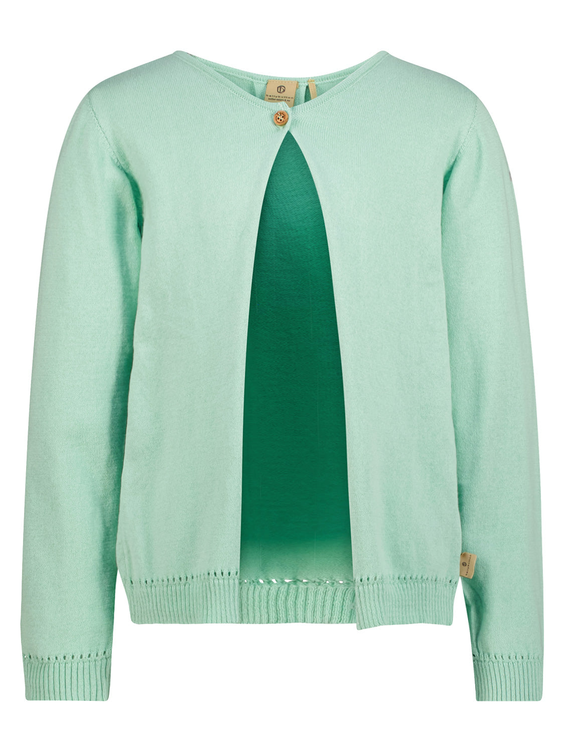 Strickjacke Mintgrün: Langärmeliger, offener Strickcardigan mit Knopf am Ausschnitt, geripptem Saum und Bündchen, ideal für stilvolle Mamas und Kinder bei bellybutton.