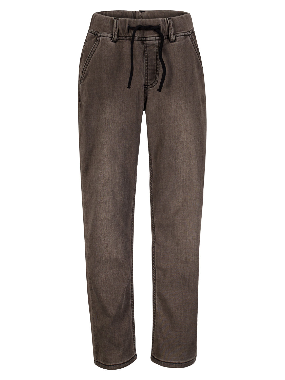 Jeans Grau: Lässige Schlupf-Jeans aus Knit-Denim mit elastischem Bund und Kordelzug, geradem Bein und schrägen Fronttaschen, ideal für bequemen Alltagslook.