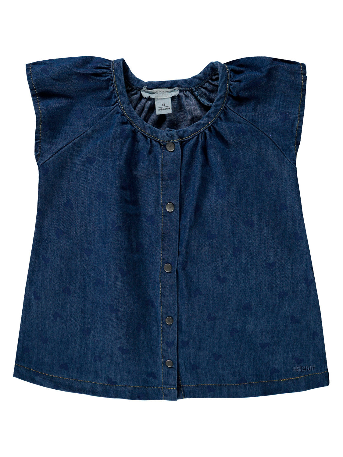 Bluse Blau: Dunkle Denim-Kurzarmbluse mit Flügelärmeln und ton-in-ton Herzen, ideal als kurzes Kleid für Babys oder Kleinkinder.