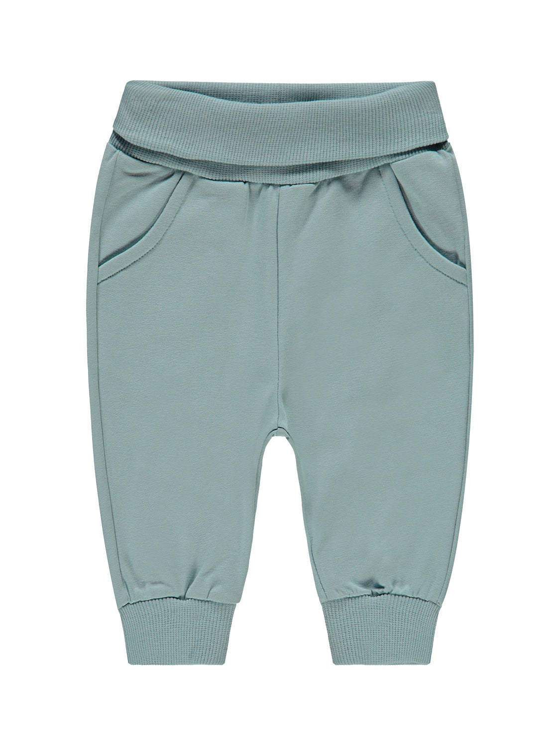 Jogginghose Jungle Life Hellblau für Babys, mit breitem elastischem Bund, Seitentaschen und gerippten Bündchen, ideal für Komfort und Stil in der Babymode von bellybutton.