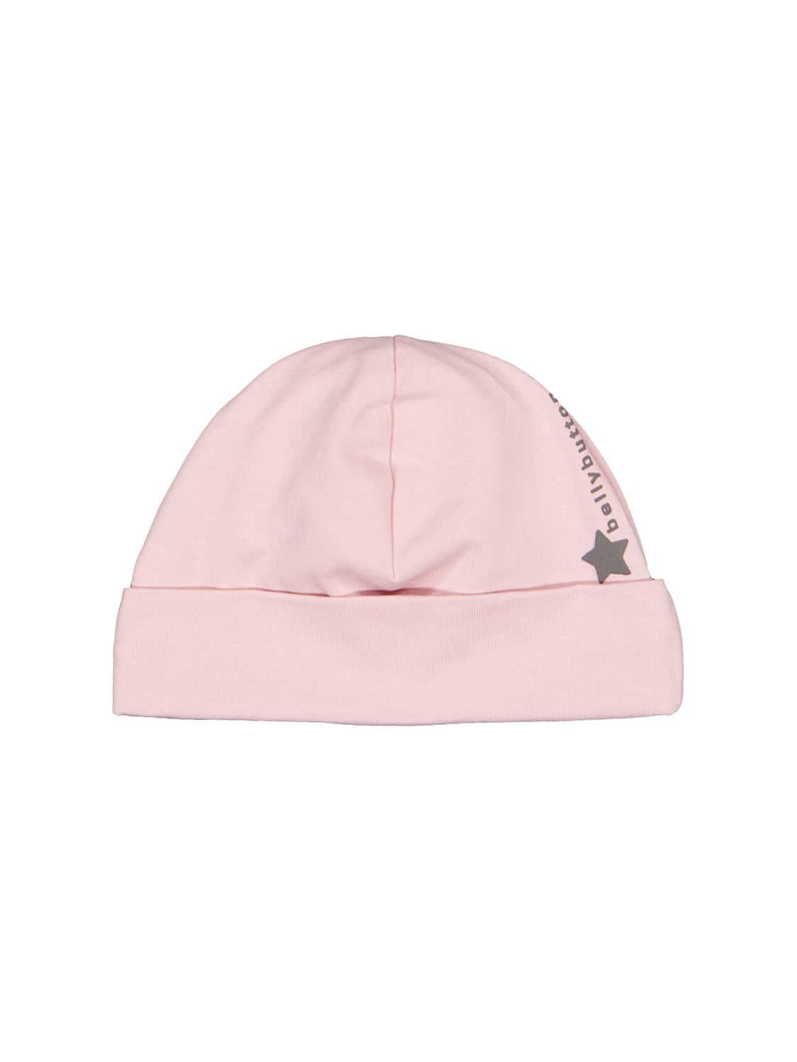 Beanie Rosa: Einfaches Strickmützchen mit umgeschlagenem Saum, grauem Stern und bellybutton-Logo, ideal für Babys aus der Babymode-Kollektion.