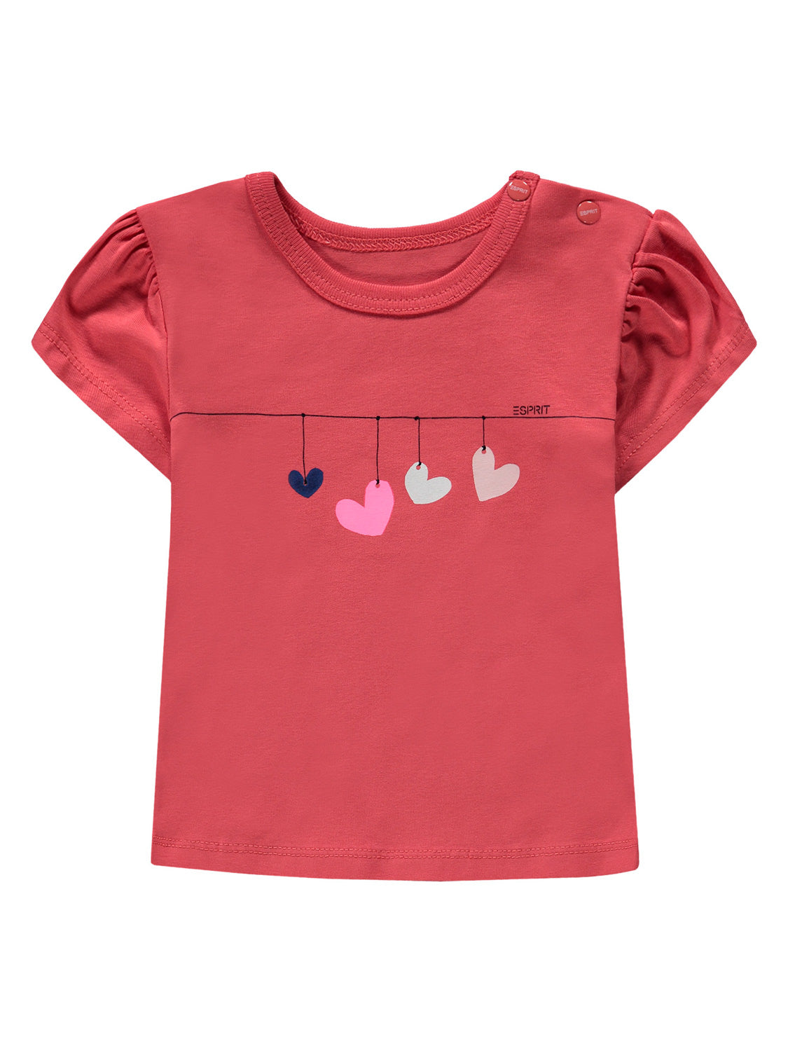 T-Shirt Koralle: Kinder-T-Shirt von Esprit mit Puffärmeln, zwei Schulterknöpfen und einem Herzanhänger-Design aus feinem Baumwoll-Jersey, ideal für modische Kinder.