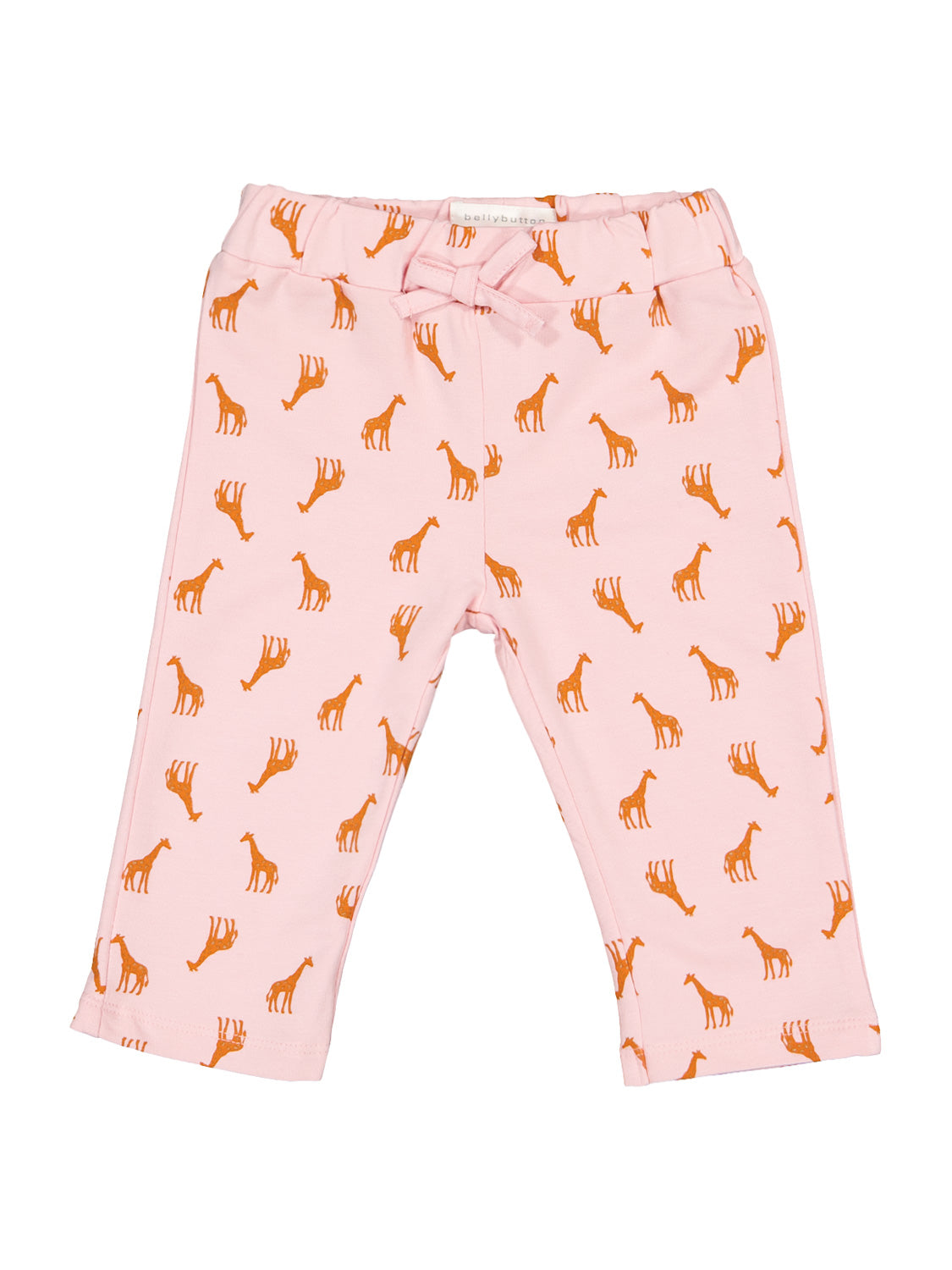 Jogginghose Animal Farm Rosa: Weiche Baby-Leggings mit elastischem Bund, dekorativer Schleife und kleinem Giraffenmuster, ideal für Komfort und Stil aus dem bellybutton-Shop.