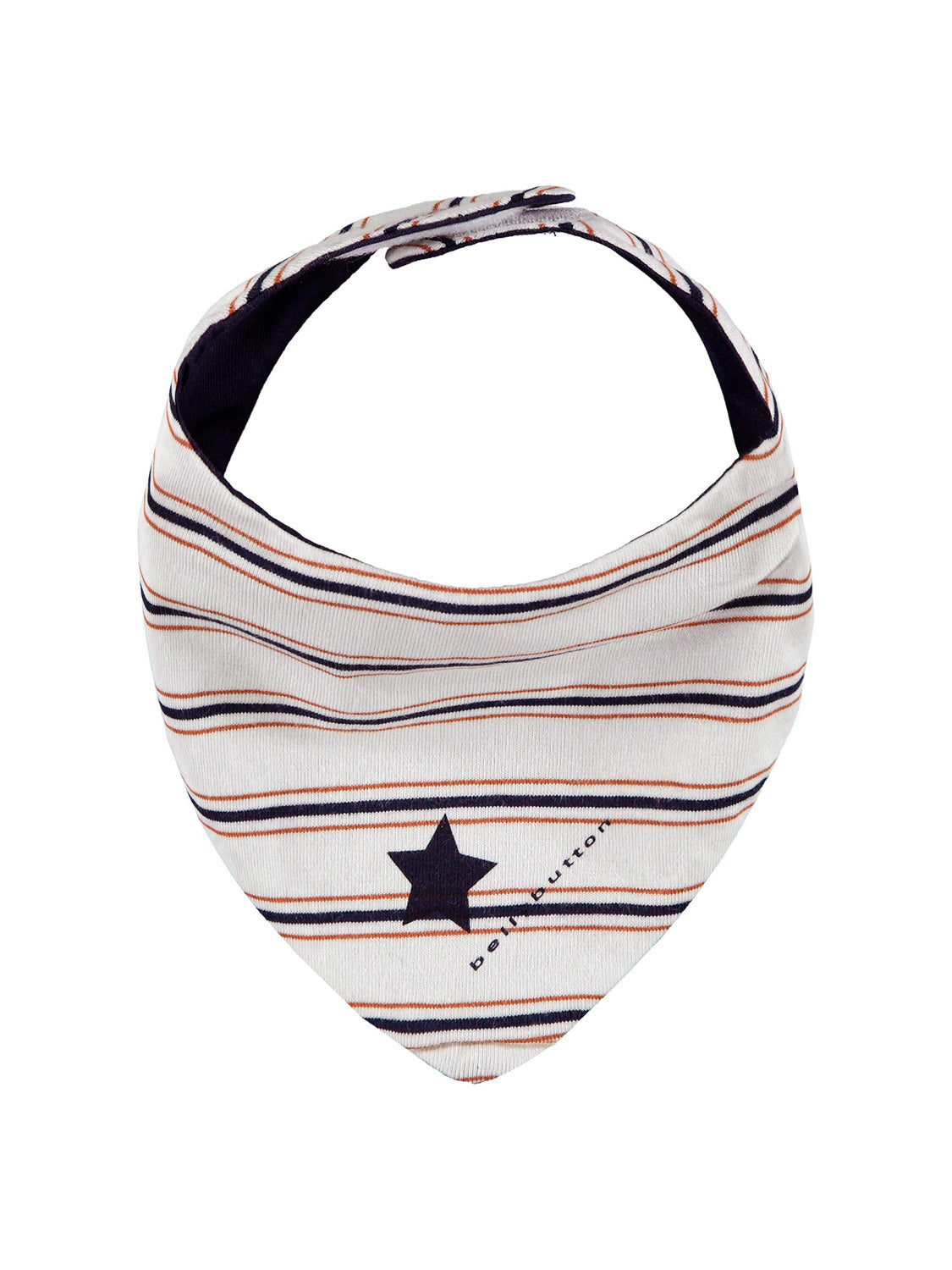 Dreieckiges, weiches Schal Weiß Baby-Bandana mit dünnen Streifen und einem marineblauen Stern, ideal für Kleinkinder, schließt hinten wahrscheinlich mit Klettverschluss.
