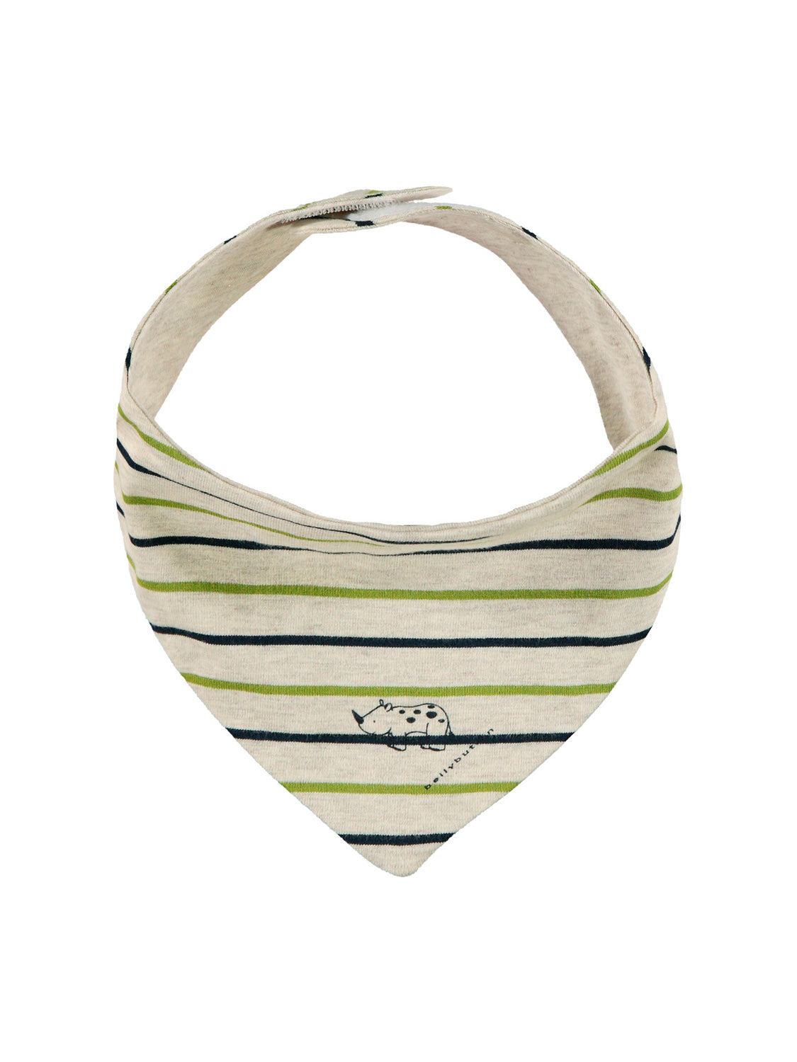 Schal Beige: Dreieckiges Baby-Bandana-Lätzchen mit dünnen Streifen in Grün und Marine, einem kleinen Rhino-Doodle und Klettverschluss am Nacken.