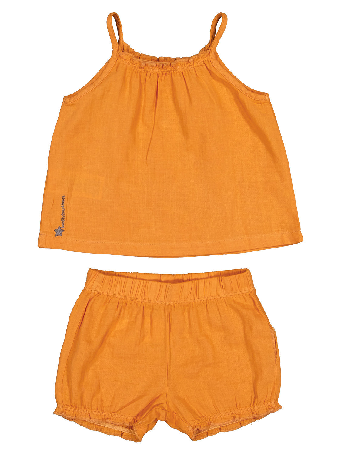 Zweiteiler Animal Farm Orange: Kinder-Sommeroutfit mit ärmellosem Camisole und elastischen Shorts, ideal für warme Tage. Perfekt für individuellen Style bei bellybutton.
