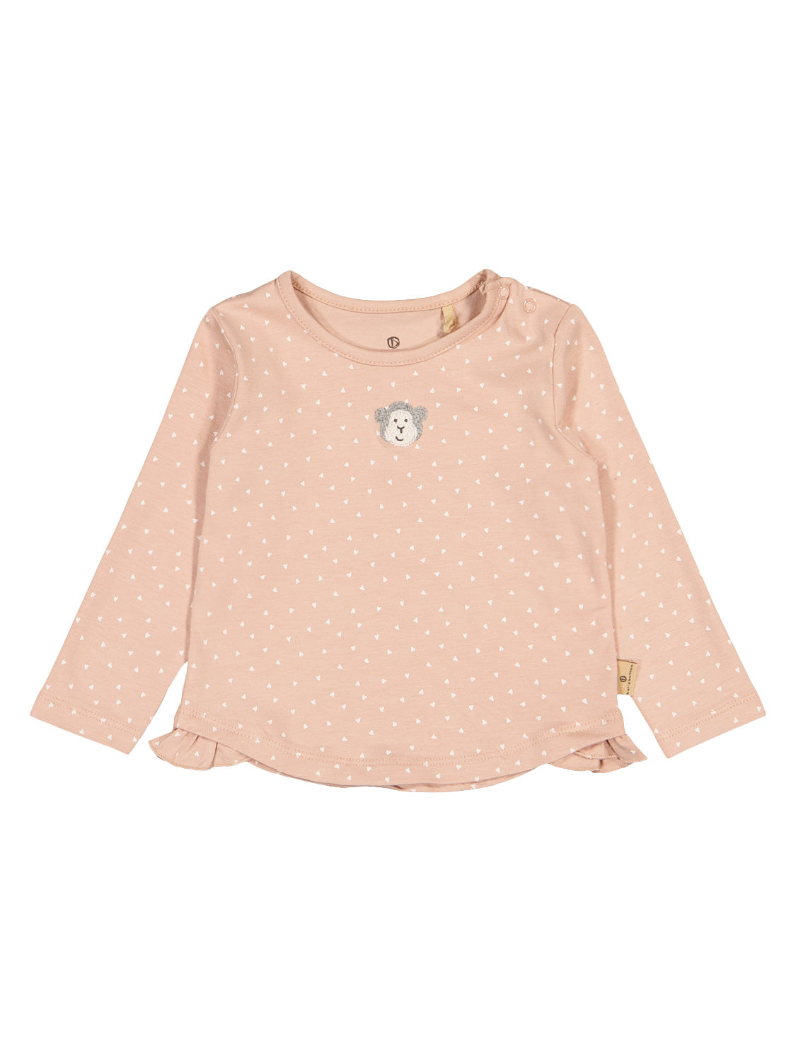 Langarmshirt für Babys in Staubrosa mit winzigen weißen Herzen, Schafstickerei auf der Brust, Druckknöpfen an der Schulter und Rüschen am Saum, passend zur bellybutton Babymode.