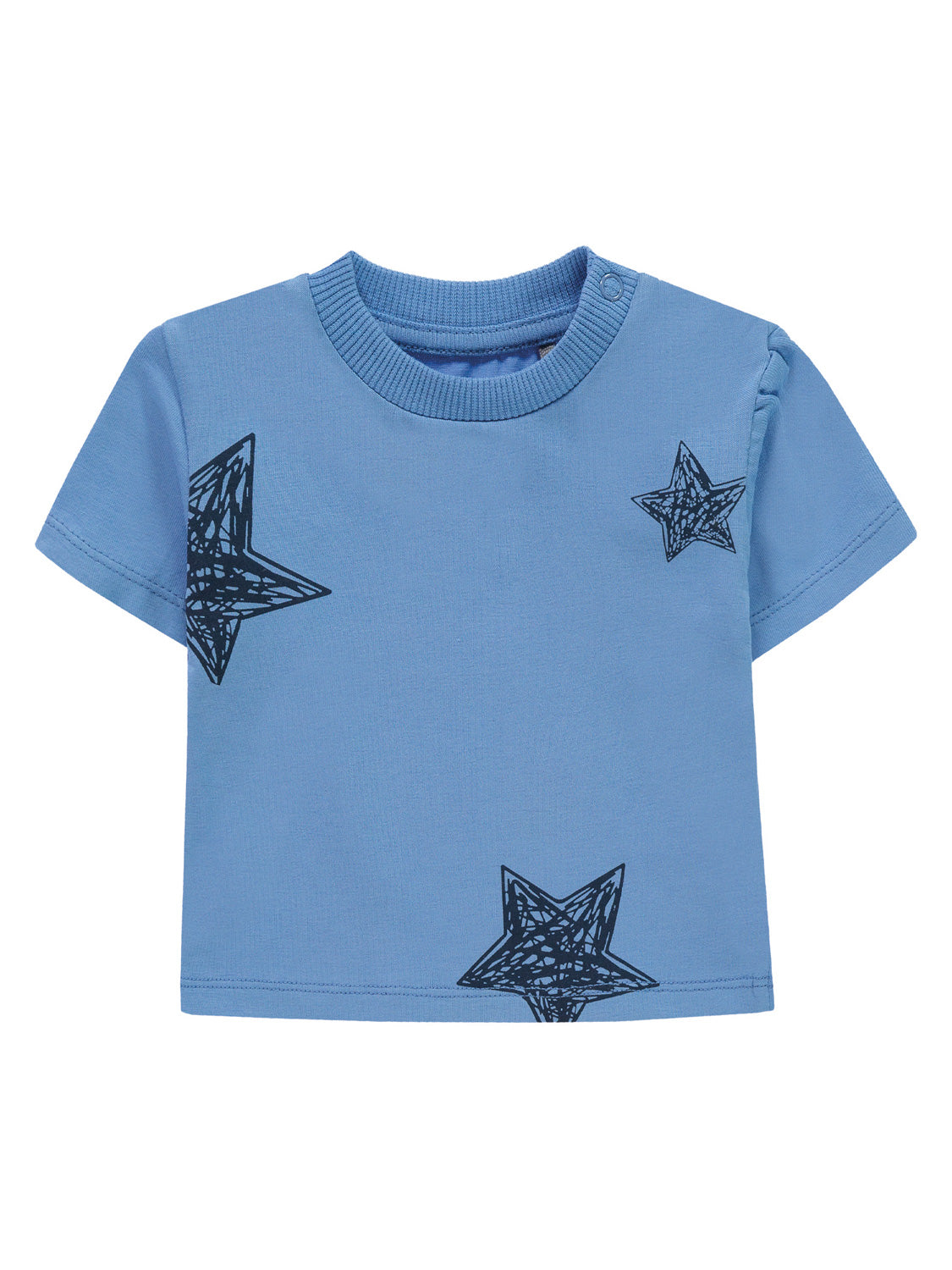 T-Shirt Blau: Kurzarm-Babyshirt mit geripptem Rundhalsausschnitt und Druckknopf, verziert mit drei schwarzen Sternen in Kritzeloptik, ideal für einfaches Anziehen.