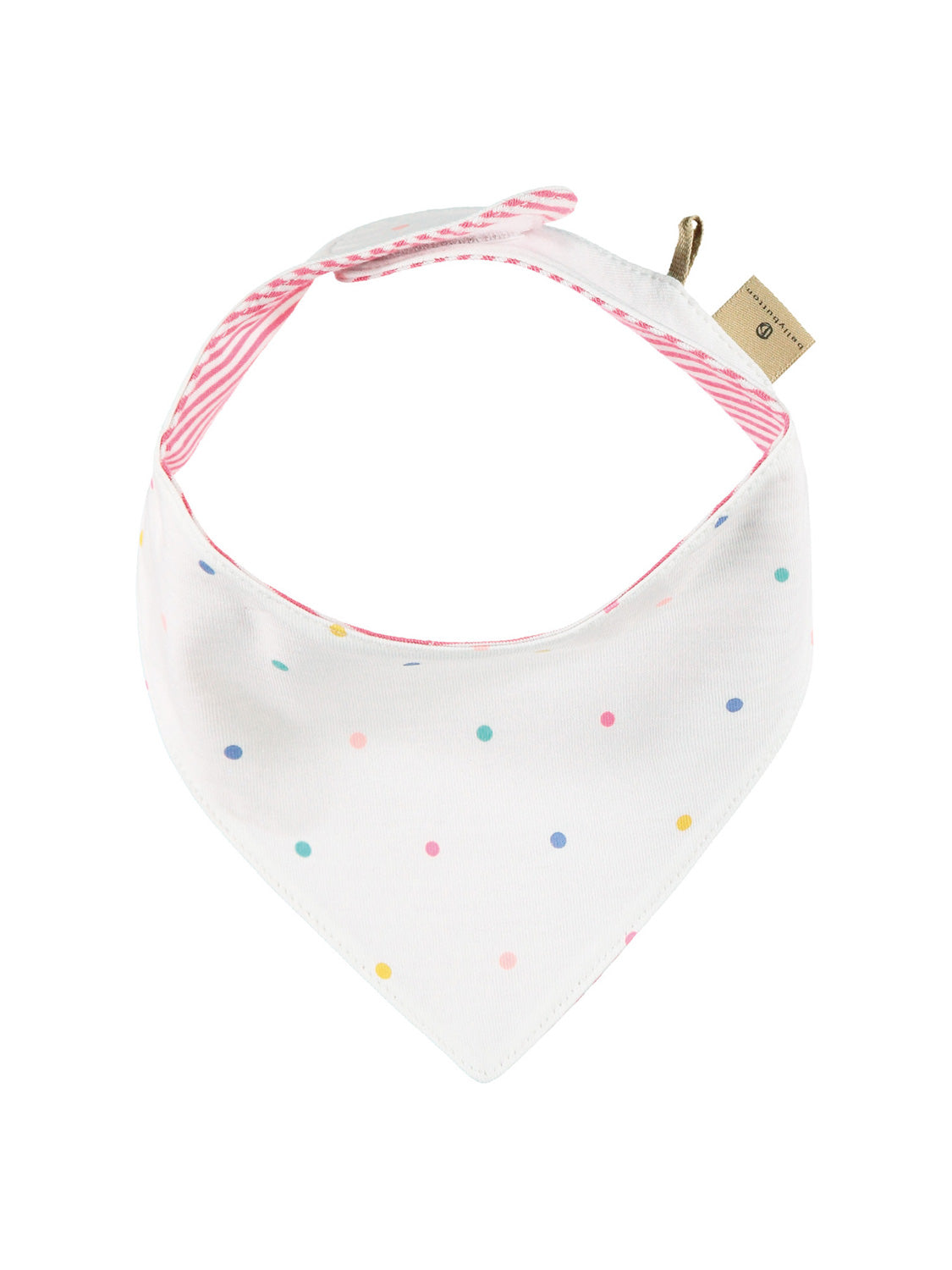 Schal Weiß: Dreieckiges Baby-Bandana aus weißem Stoff mit Pastellpunkten und rosa-weiß gestreiftem Futter, verschließbar mit Druckknopf oder Klett. Perfekt für stilvolle Babymode.