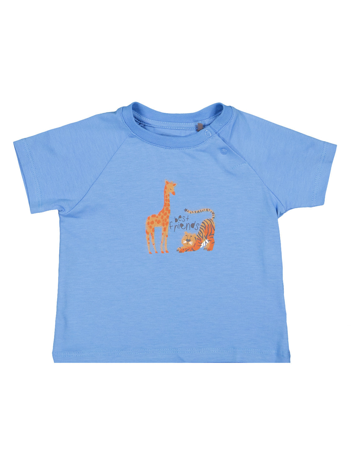 T-Shirt Animal Farm Blau: Hellblaues Kinder-T-Shirt mit zwei orangefarbenen Tieren, Giraffe und Tiger, best friends-Schriftzug und Druckknöpfen an der Schulter, ideal für Babys.