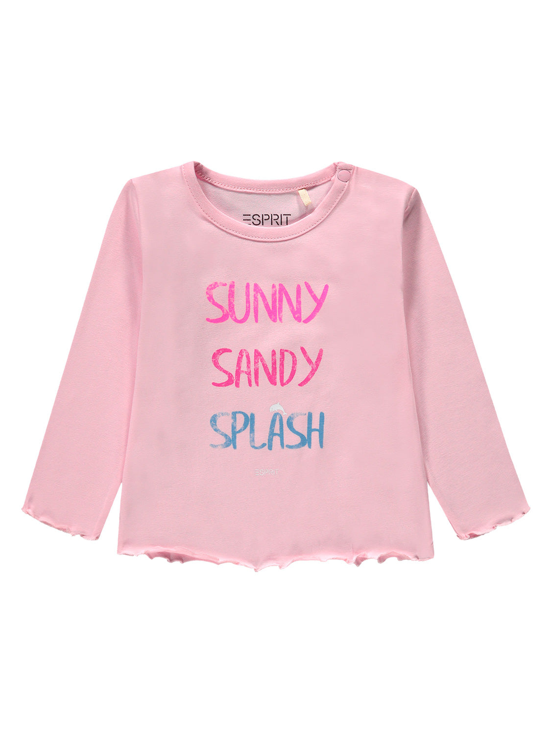 Langarmshirt Rosa aus feinem Baumwoll-Jersey mit leicht gerüschtem Saum und Ärmeln, bedruckt mit „SUNNY SANDY SPLASH“ in kräftigen Farben, ideal für Kinder.