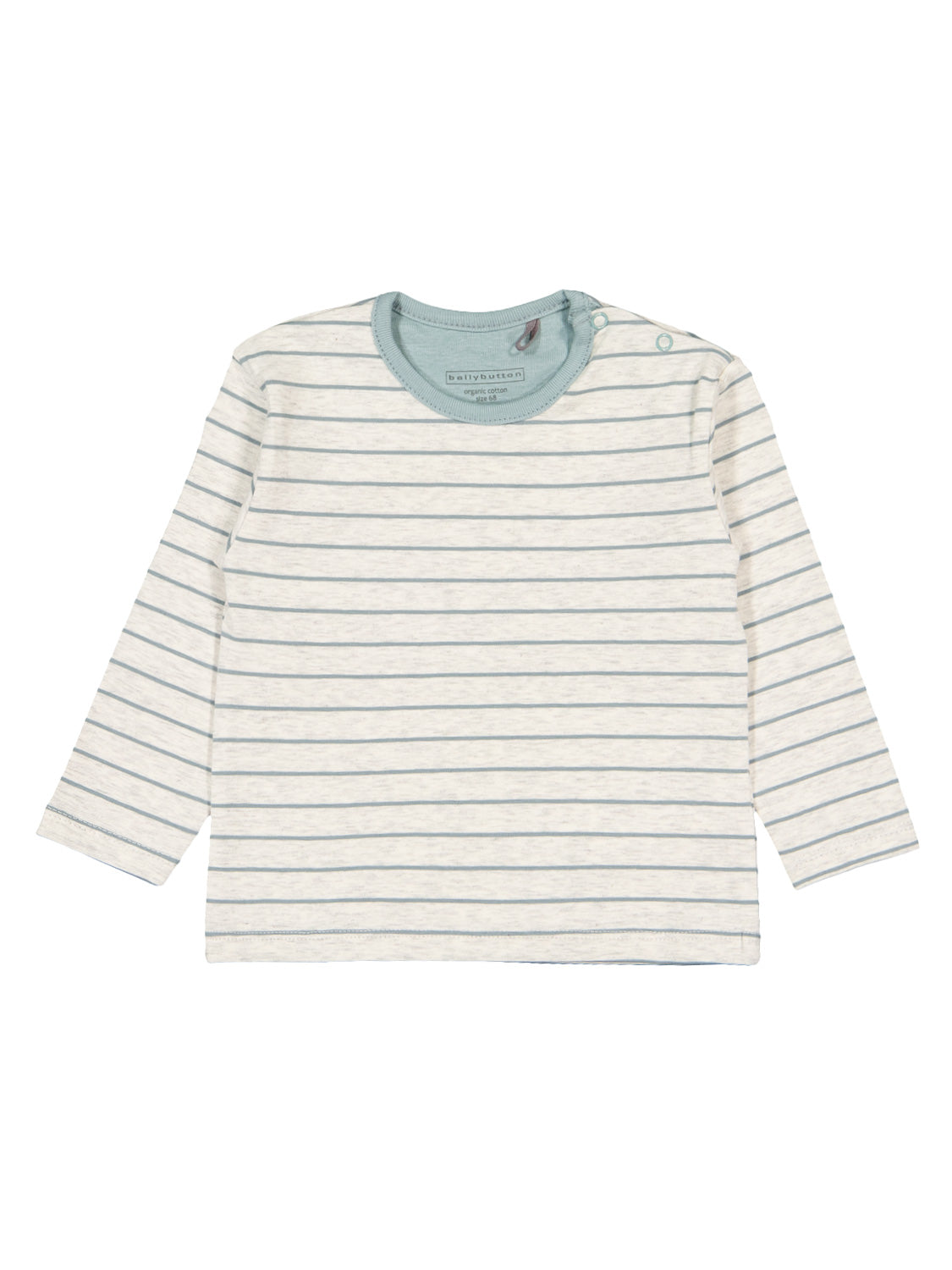 Langärmliges Babyshirt Longsleeve Crazy Dog Grau mit hellblauen Streifen und zwei Druckknöpfen an der Schulter für einfaches Anziehen, ideal für stilvolle Babymode von bellybutton.