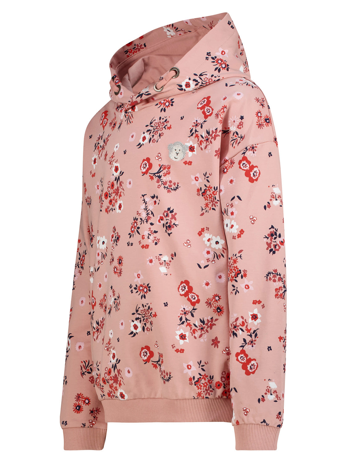 Hoodie Rosa: Pullover-Hoodie in Altrosa mit floralem Muster, Kapuze mit Kordeln, langen Ärmeln, gerippten Bündchen und kleinem Teddybär-Gesicht auf der Brust.