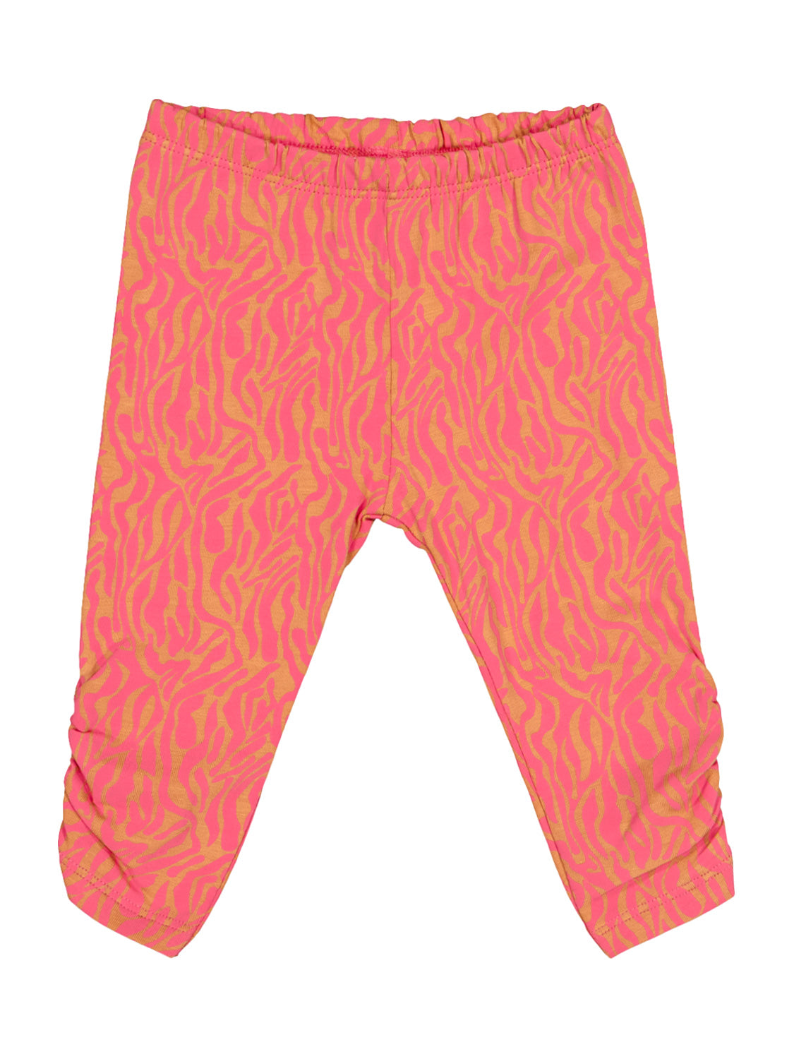 Leggings Animal Farm Pink: Kinderleggings mit Füßen, aus pinkem Stoff mit orangefarbenem Zebramuster und elastischem Bund, ideal für den komfortablen und stilvollen Look Ihres Babys.