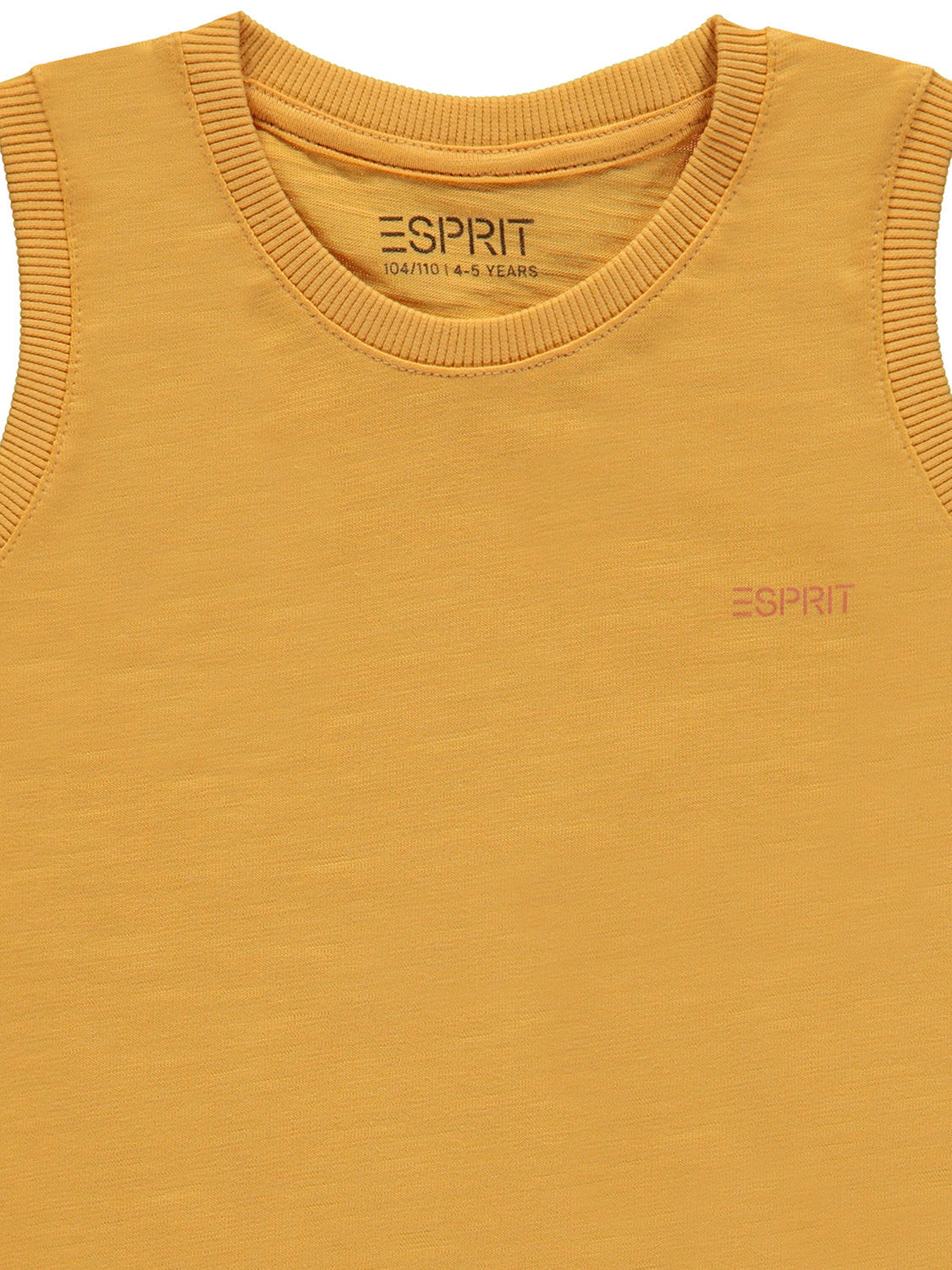 Ärmelloses T-Shirt Orange in Ockergelb von ESPRIT mit geripptem Ausschnitt, Logo auf der Brust und Größe 104/110, ideal für schicke Kinderoutfits.