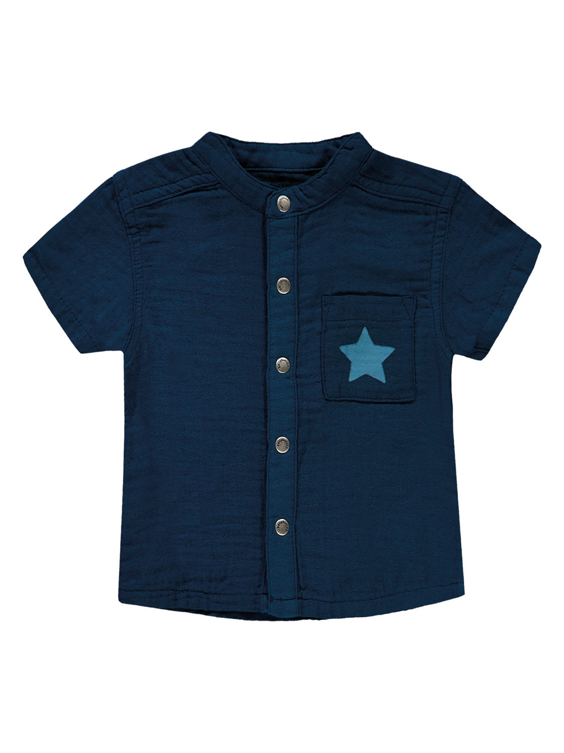 Kurzärmliges Hemd Underwater World Marineblau mit Druckknöpfen und Brusttasche, verziert mit einem hellblauen Sternmotiv.