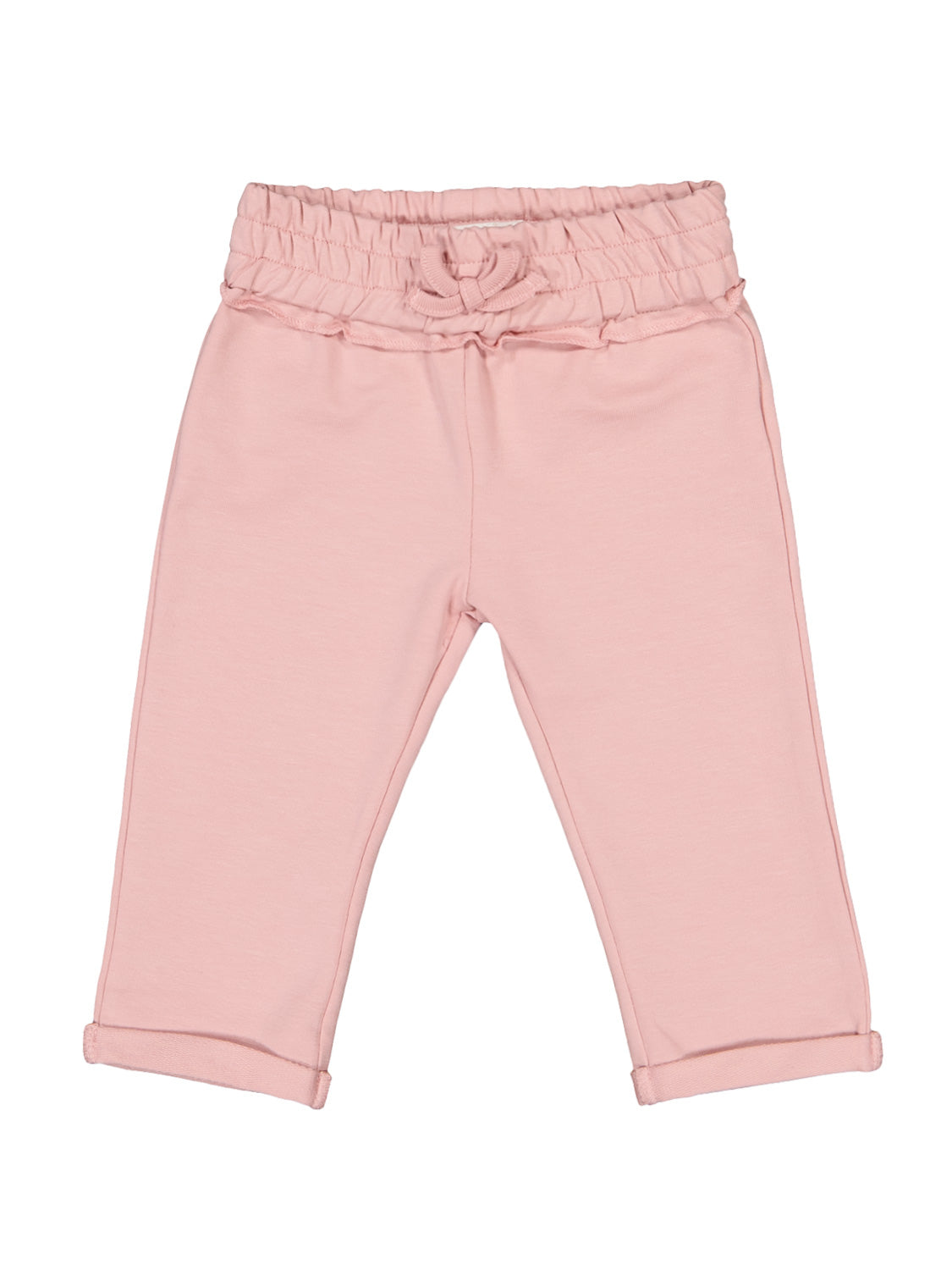 Jogginghose Rosa für Kinder mit elastischem Bund, dekorativer Schleife und Rüschen am Saum, ideal für komfortable Bewegungsfreiheit und stilvolles Aussehen.