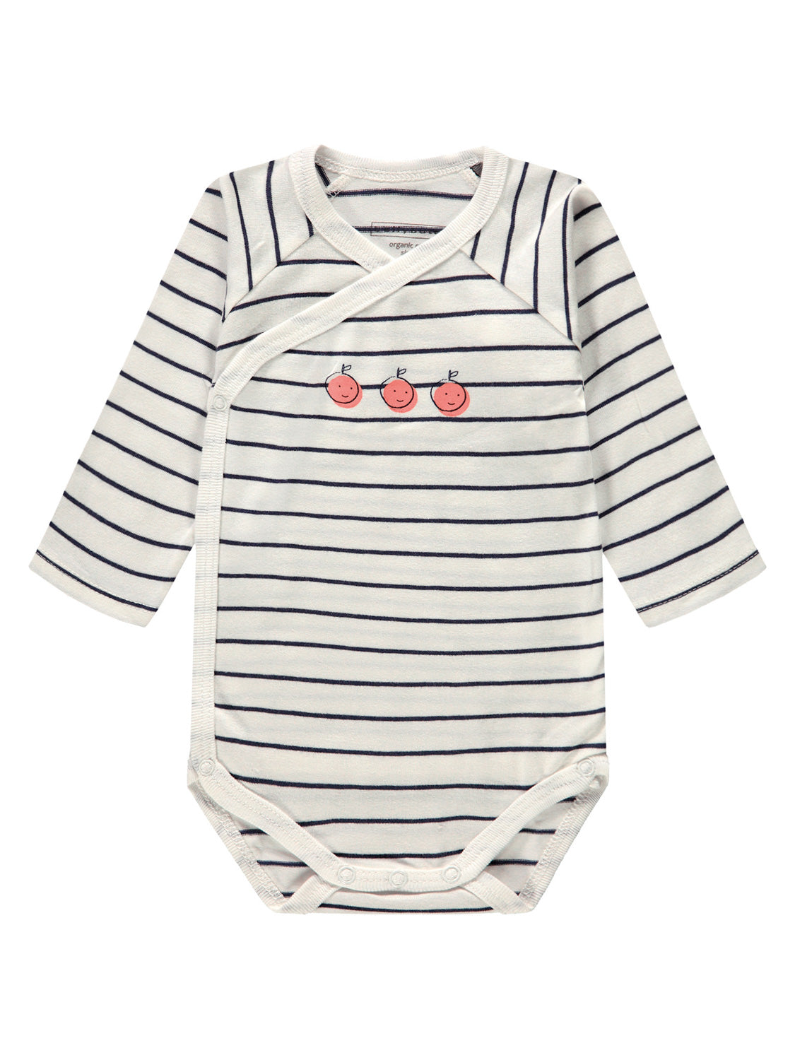Langarm-Baby-Body Body My Boy Cremeweiß mit Wickeloptik und Druckknöpfen, aus weichem gestreiftem Stoff, verziert mit drei fröhlichen Fruchtfiguren auf der Brust.