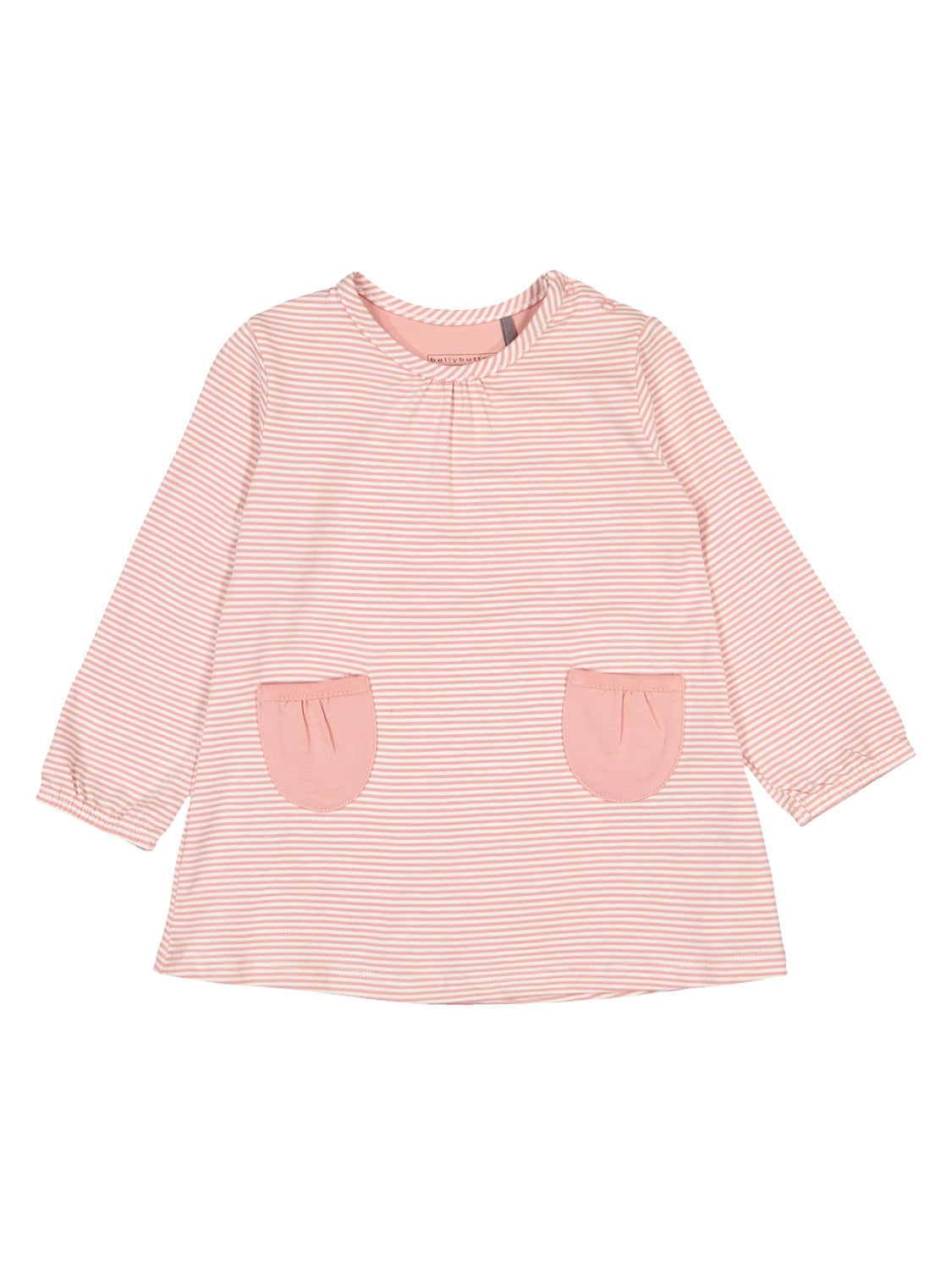 Kleid Friendship Rosa: Langärmliges A-Linien-Kleid für Kleinkinder mit Rundhalsausschnitt, weich gestreift, zwei rosa Taschen vorne. Perfekt für stilvolle Baby- und Kindermode bei bellybutton.