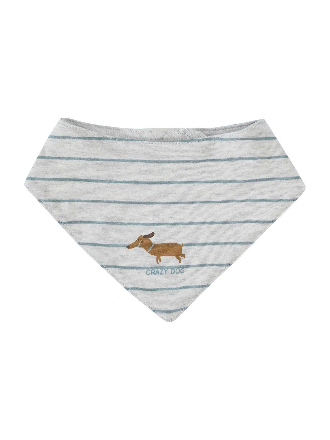 Dreieckstuch Schal Grau: Hellgrauer Stoff mit dünnen, horizontalen Streifen und einem Dackel-Print. Ideal als stilvolles Accessoire für Babys und Kinder.