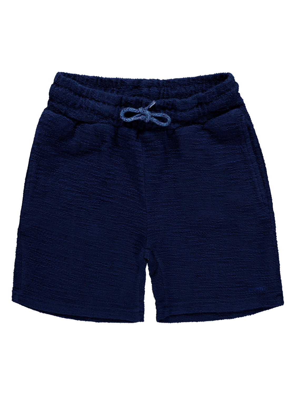 Sweatshorts Blau aus Bouclé-Sweatware, Bermudalänge, mit elastischem Bund und Kordelzug, ideal für bequeme Kinder- und Teenagerbekleidung.
